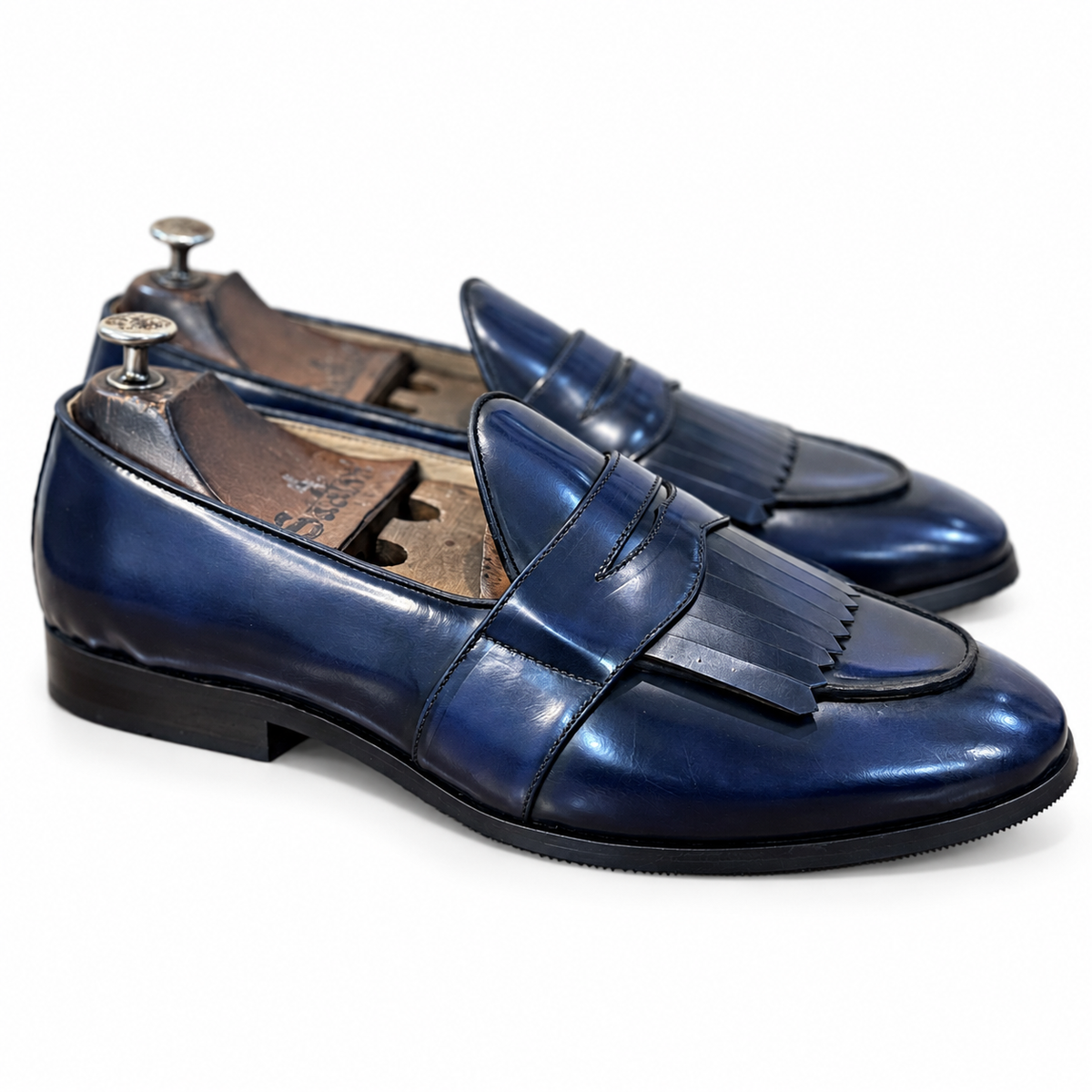 Blue Belgian Loafers for Men – Leather Fringe Slip-On Formal Shoes