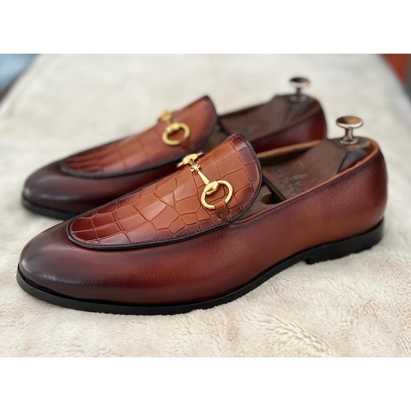 Tan Croco Horsebit Loafers