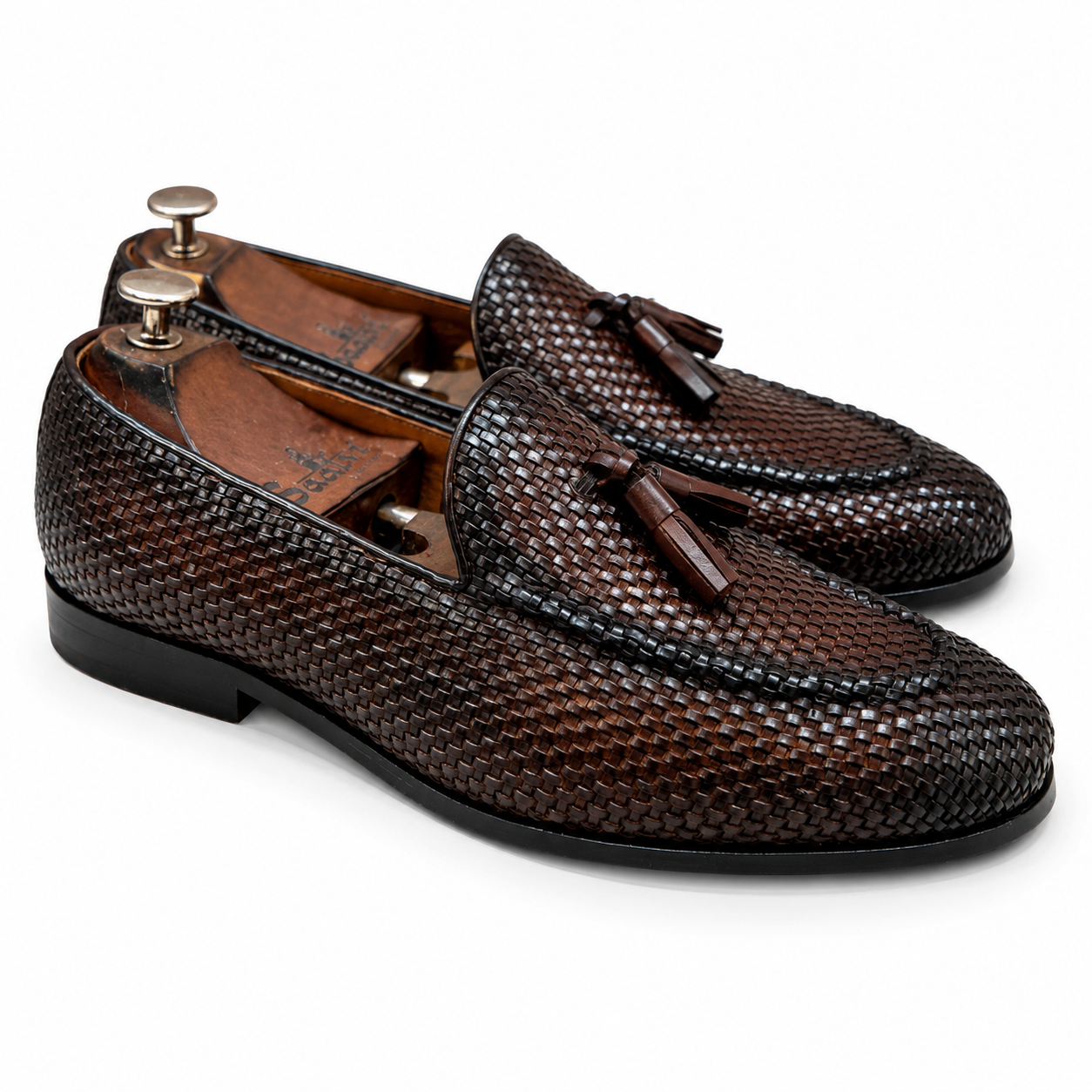 Brown Hand Woven Loafers With Tassels