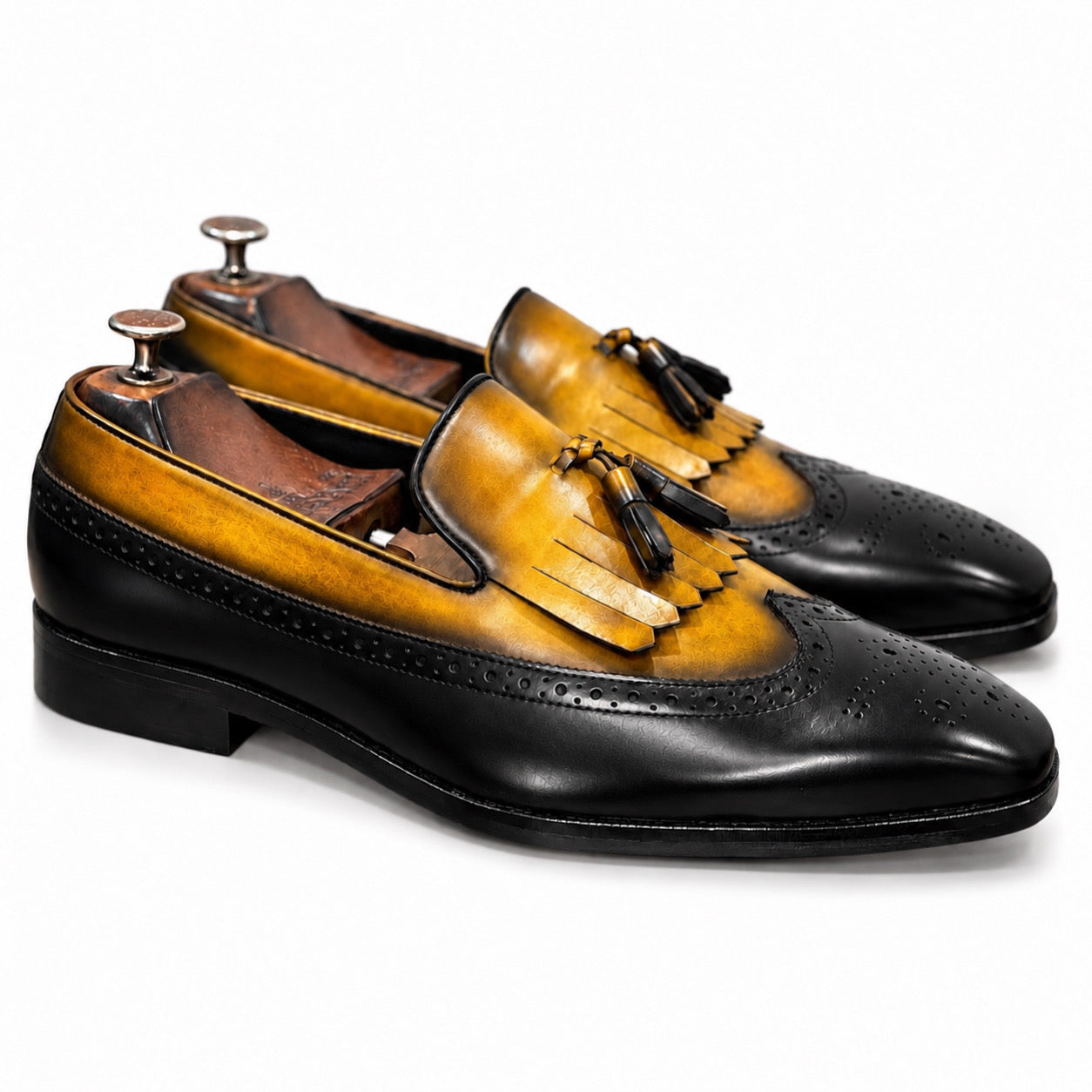 Mustard Noir Kiltie Tassel Loafers