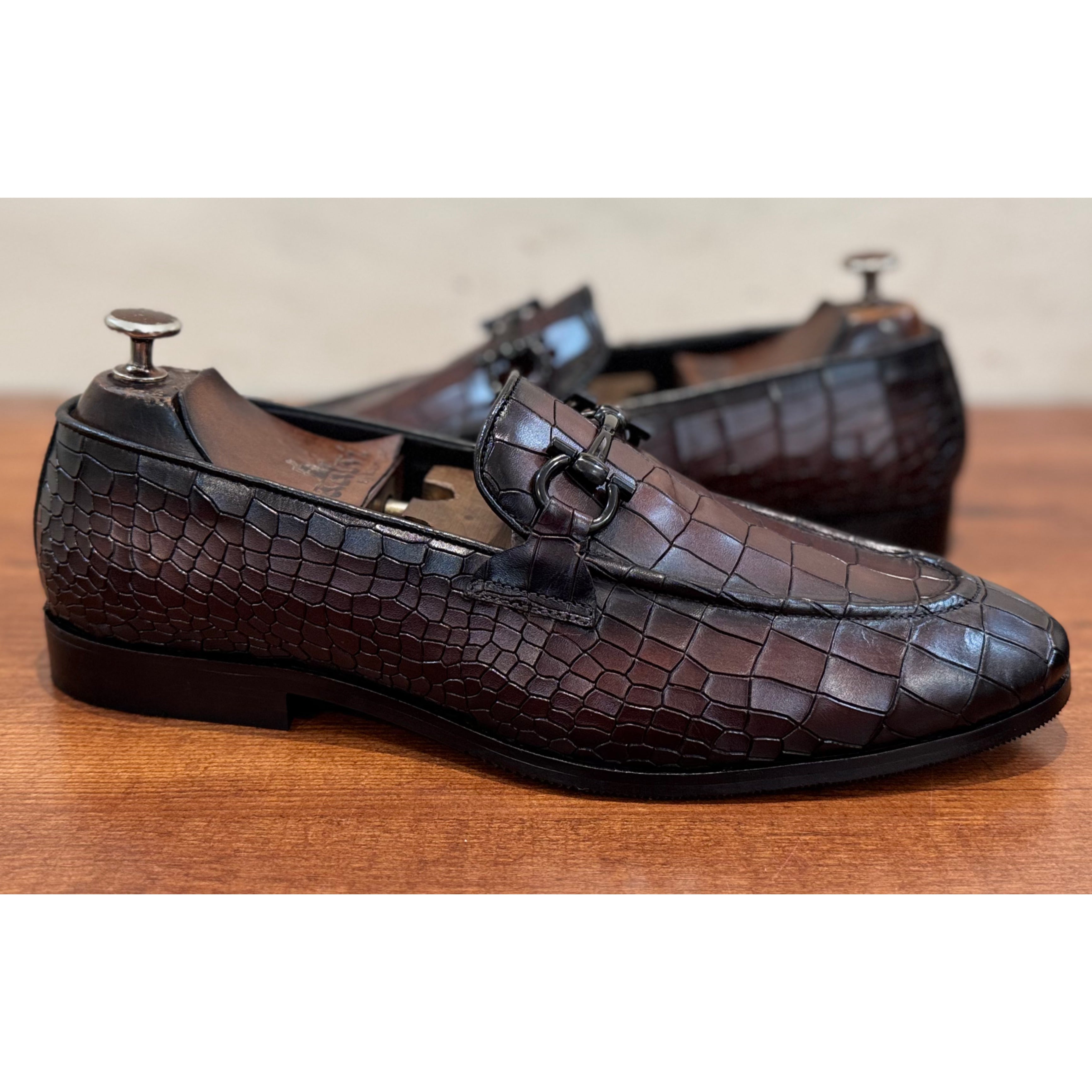 Brown Croco Loafers Black Buckle
