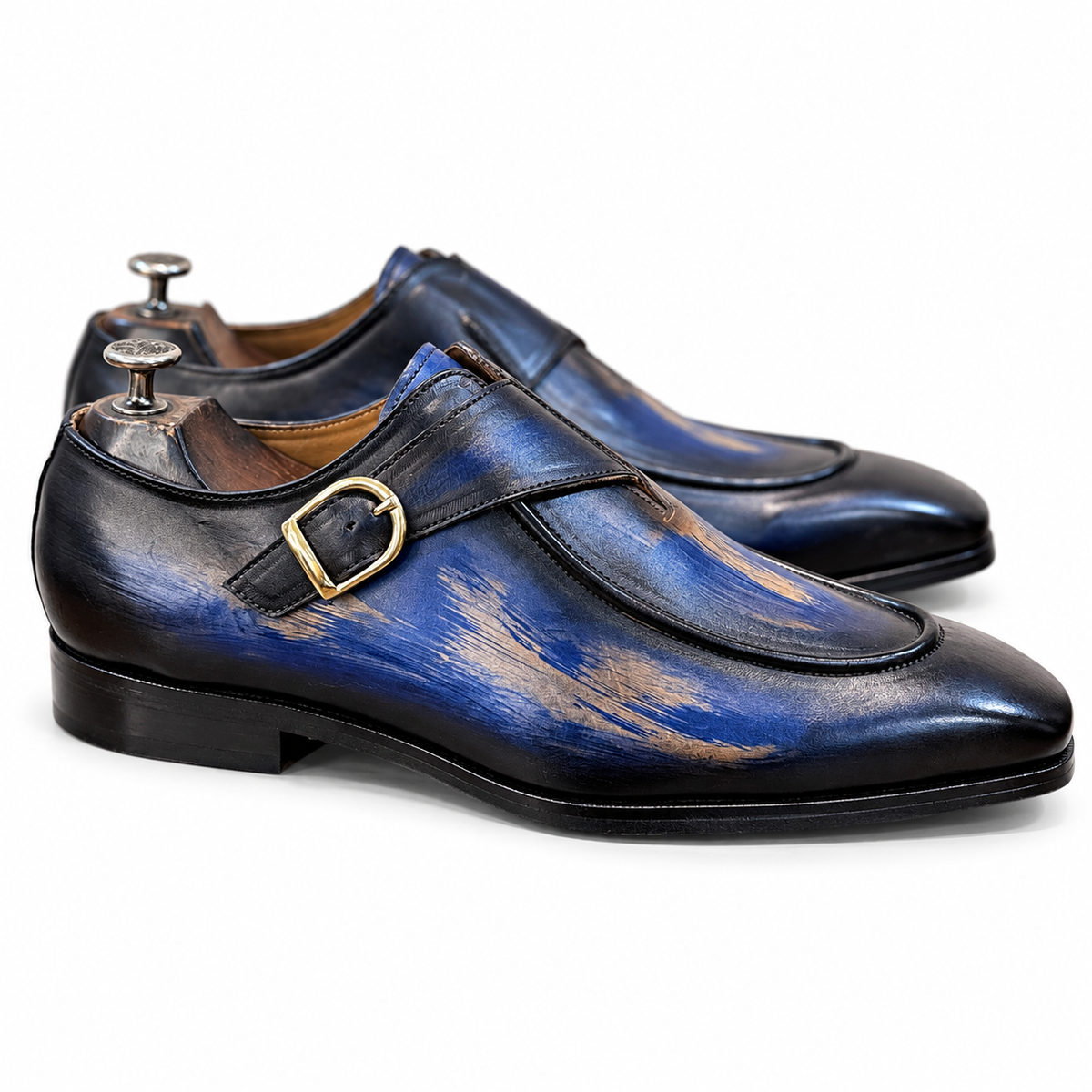 Azure Monarch Patina Monk Strap Shoes