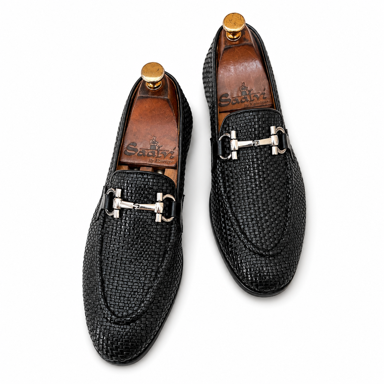 Black Hand Woven Loafers With Silver Metal Trim
