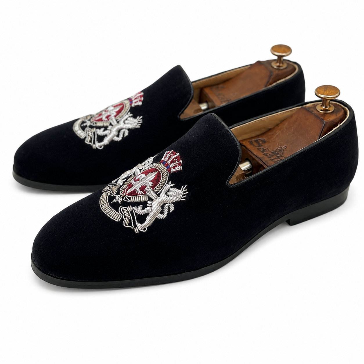 Noir Imperial Lion Crest Velvet Slip-Ons