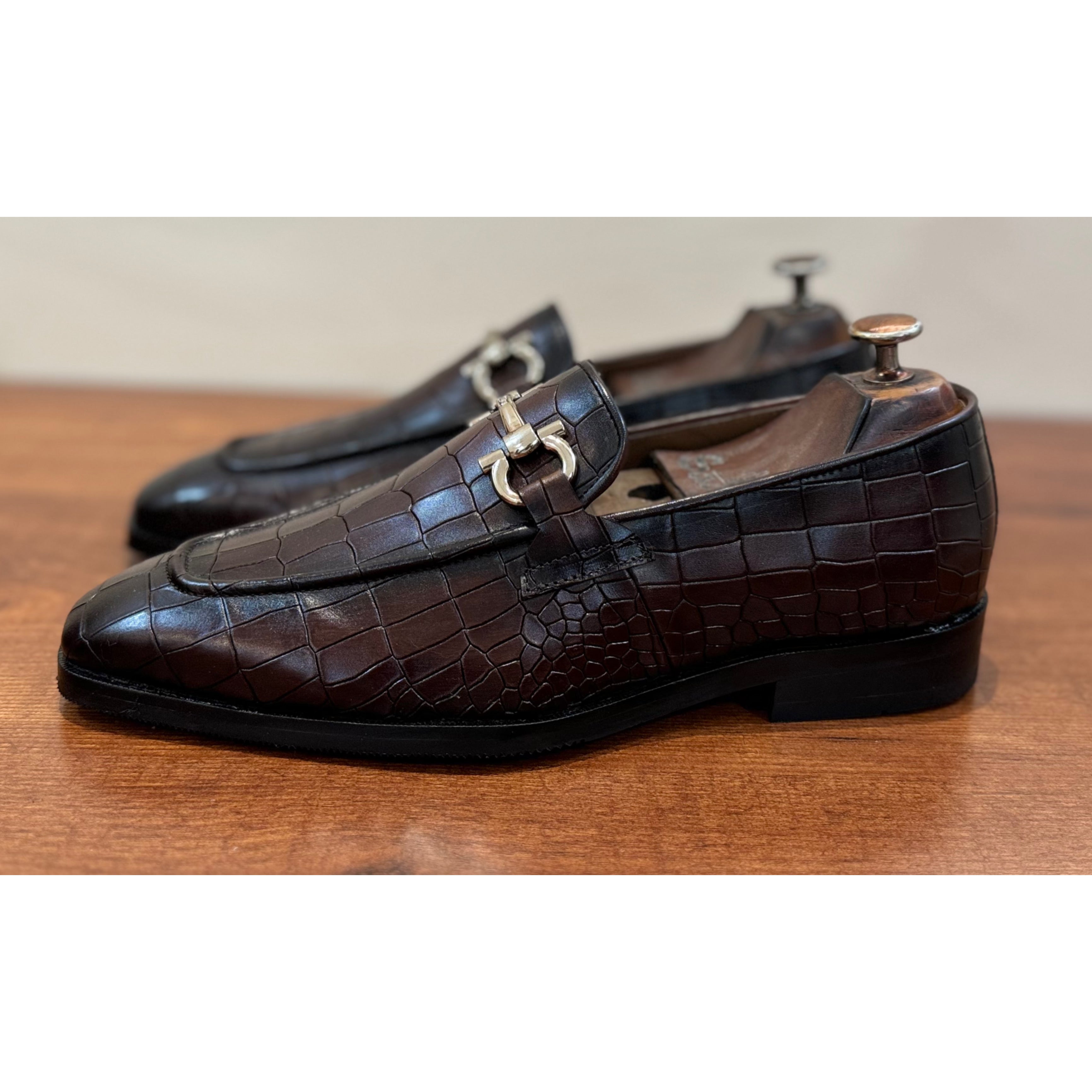Brown Croco Loafers Hand Patina