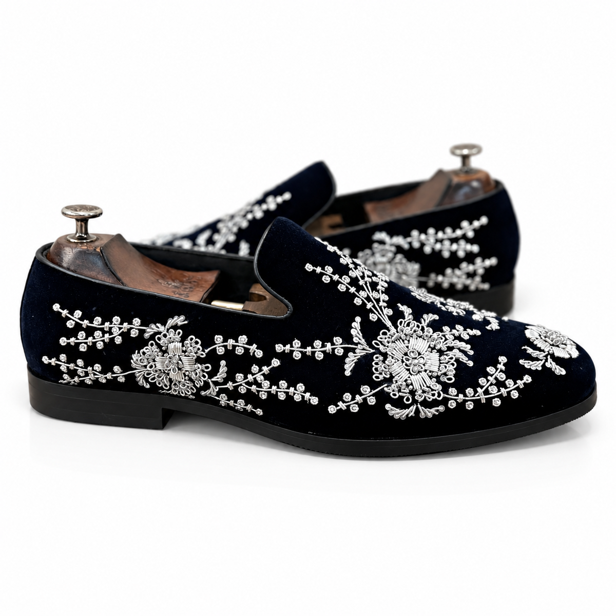 Noctivelle – Midnight Blue Velvet Loafers with Silver Zardozi Embroidery