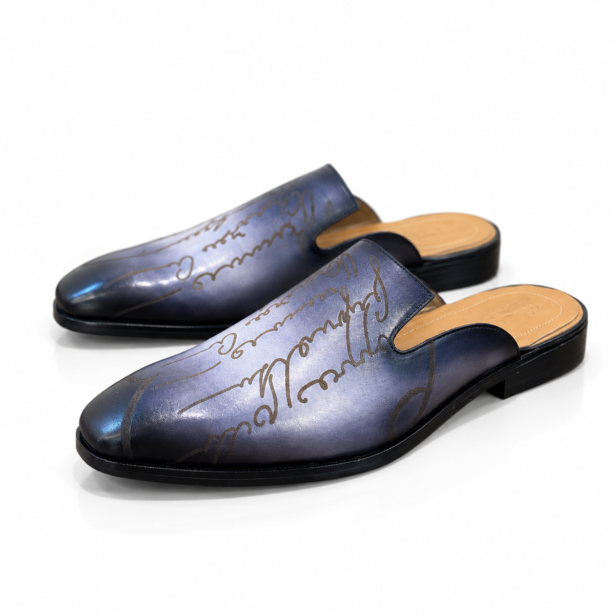 Nocturne Script – Midnight Blue Calligraphy Leather Mules