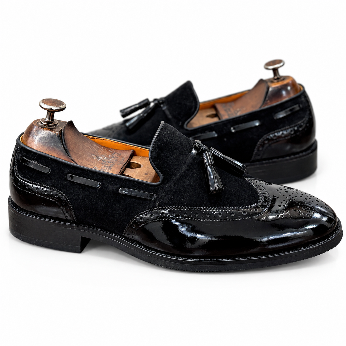 Noir Regent Patent Wingtip Tassel Loafers