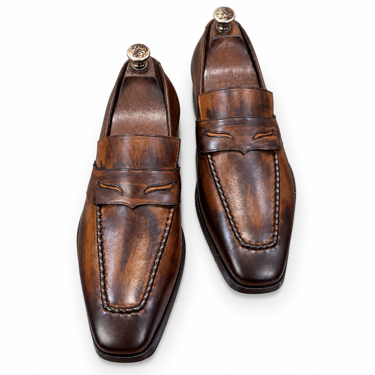 The Lorenzo Patina Loafer – Handmade Burnished Brown Penny Loafers