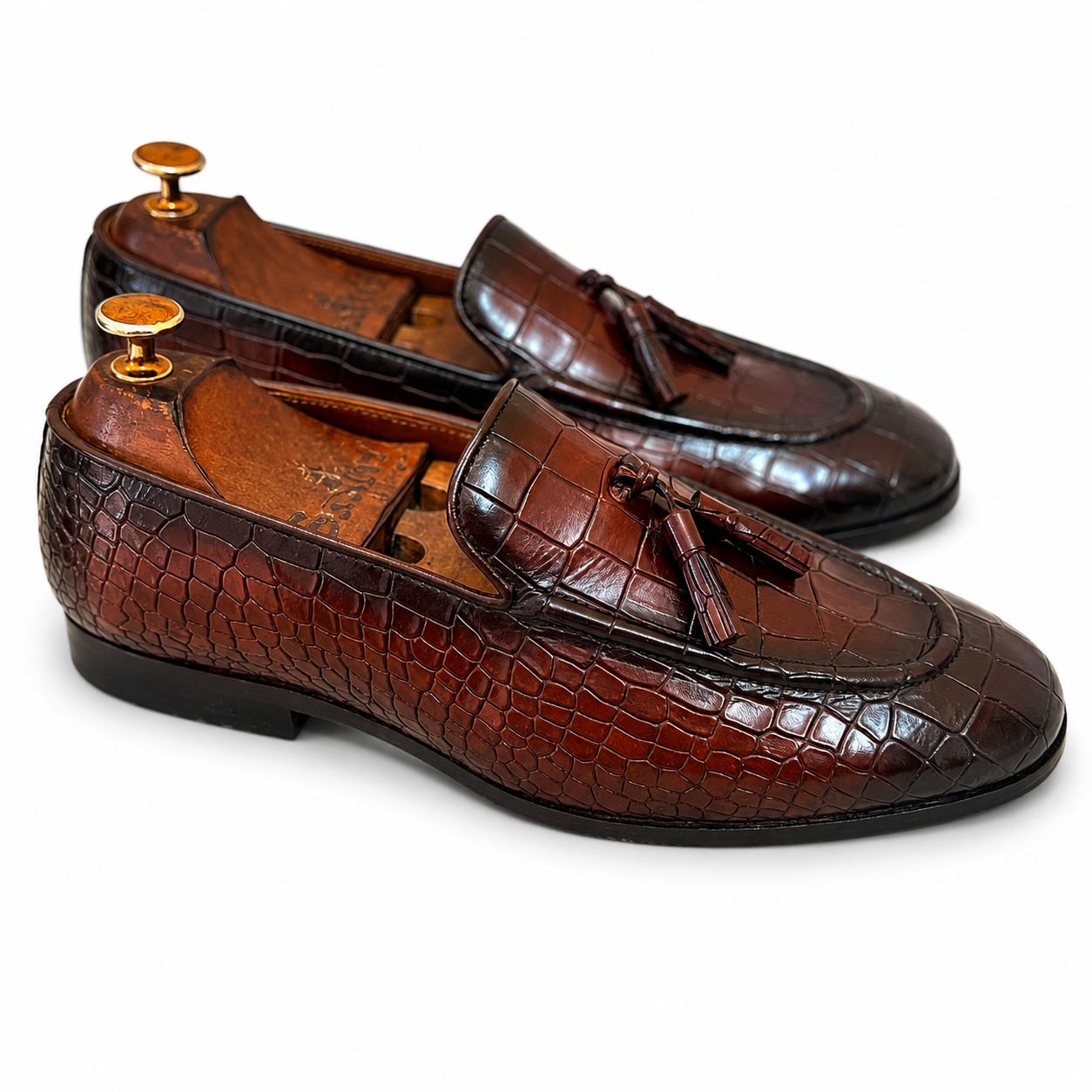 Brown Croco Loafers With Tassles