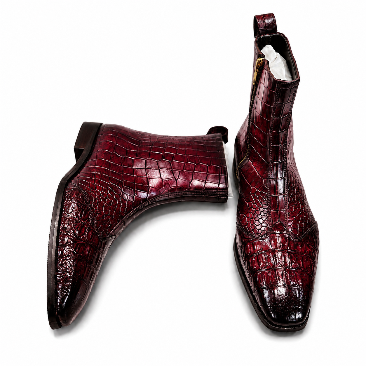 Burgundy Burnished Croc-Embossed Leather Chelsea Boots