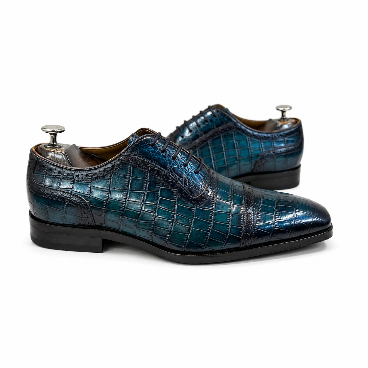 Royal Teal Croc-Embossed Brogue Oxford Shoes