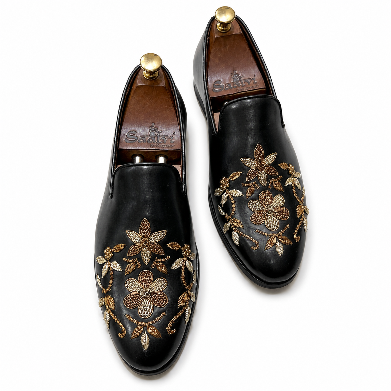 Black Leather Flower Zardosi Slipons