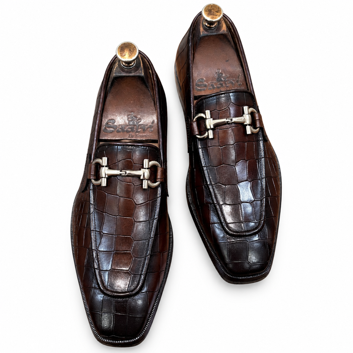 Dark Brown Croc Horsebit Loafers