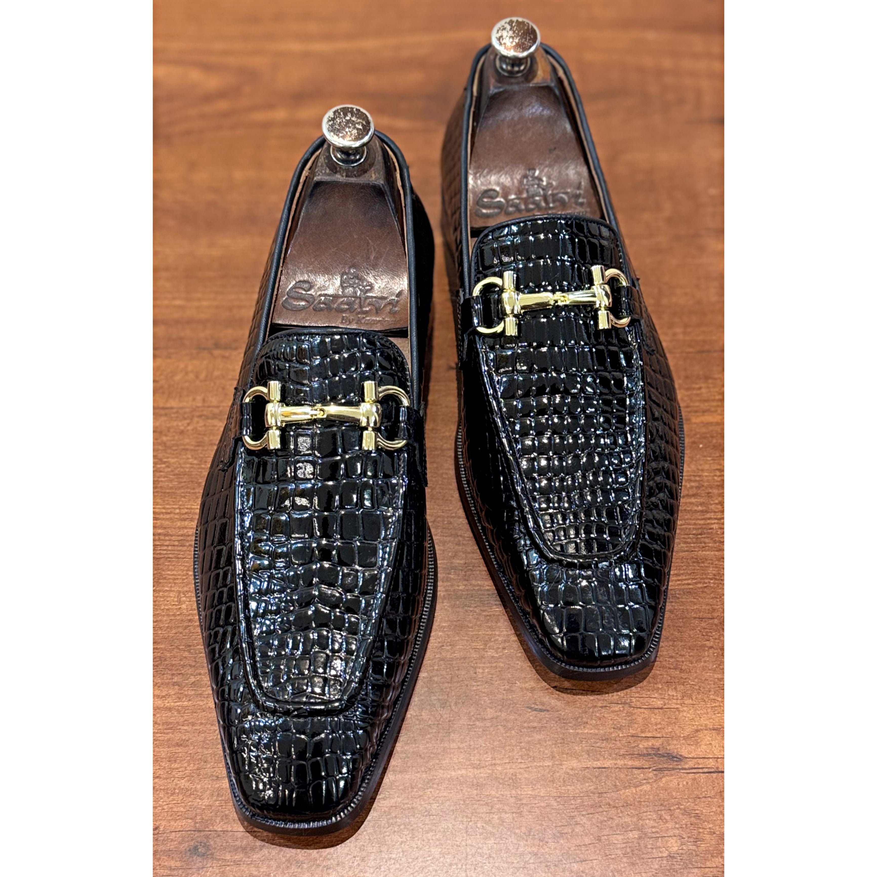Black Croco Patent Loafers Golden Buckle