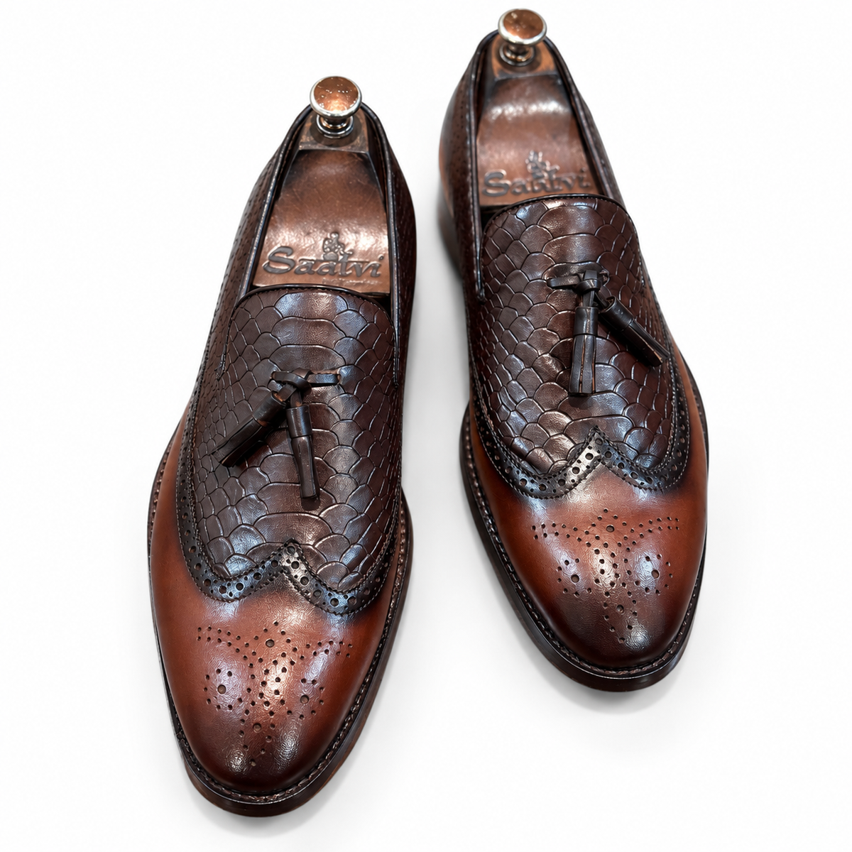 Cognac Serpente Wingcap Tassel Loafers