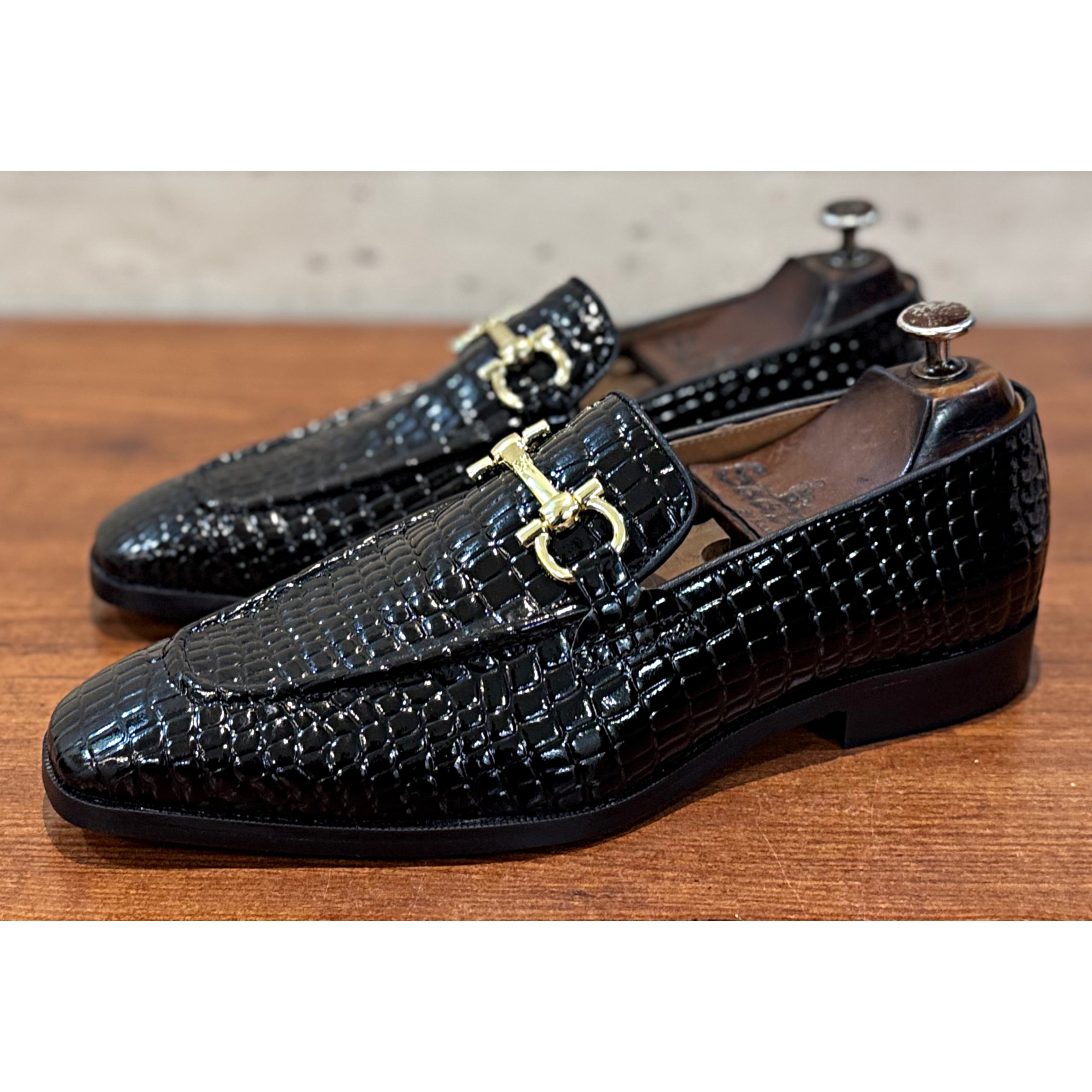 Black Croco Patent Loafers Golden Buckle