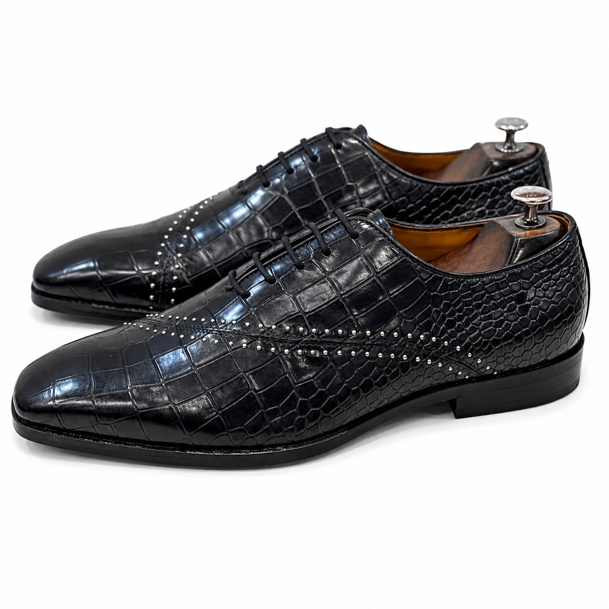 Black Croc-Embossed Leather Oxford Shoes – Luxury Studded Formal Dress Shoes