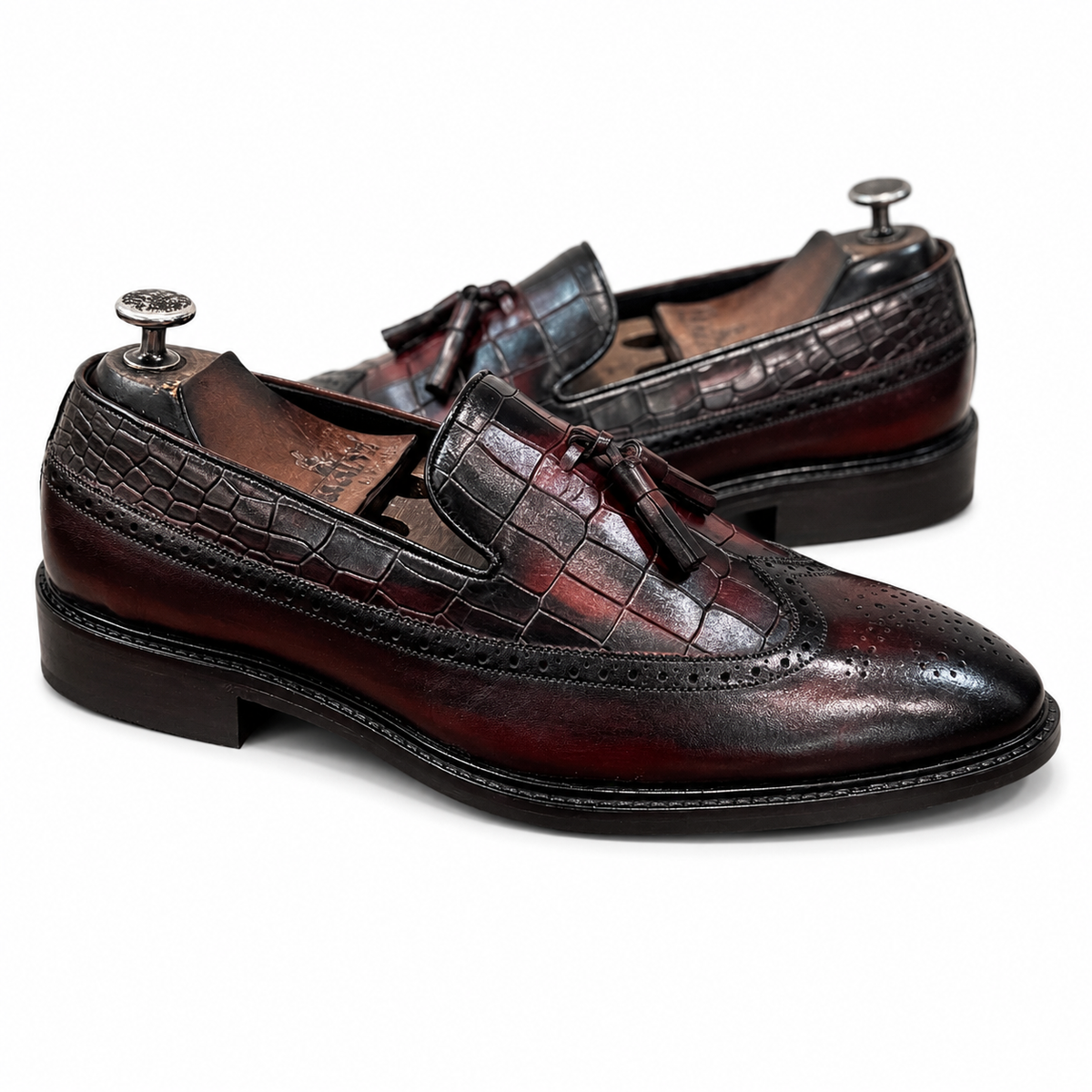 Burgundy Croc-Embossed Wingtip Tassel Loafers