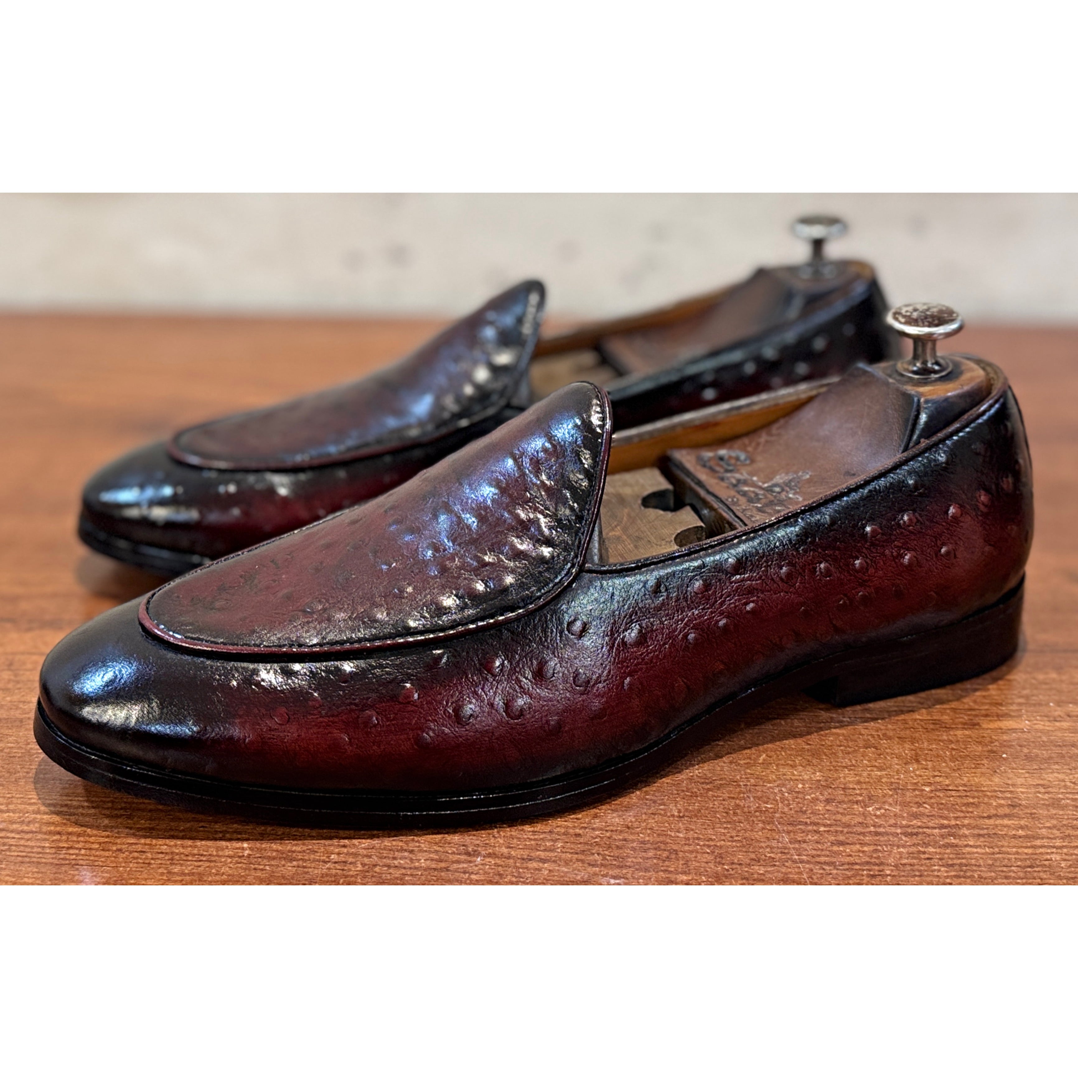 The Crimson Ostrich Loafer – Burgundy Exotic Leather Slip-On Shoes