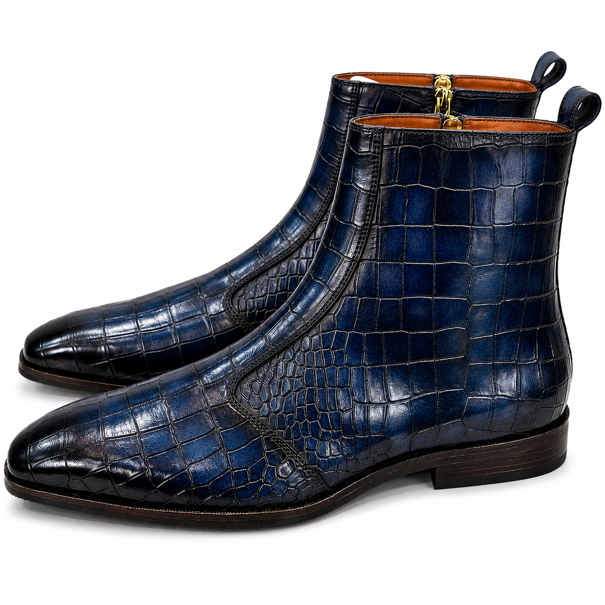 Midnight Blue Croco Embossed Leather Ankle Boots