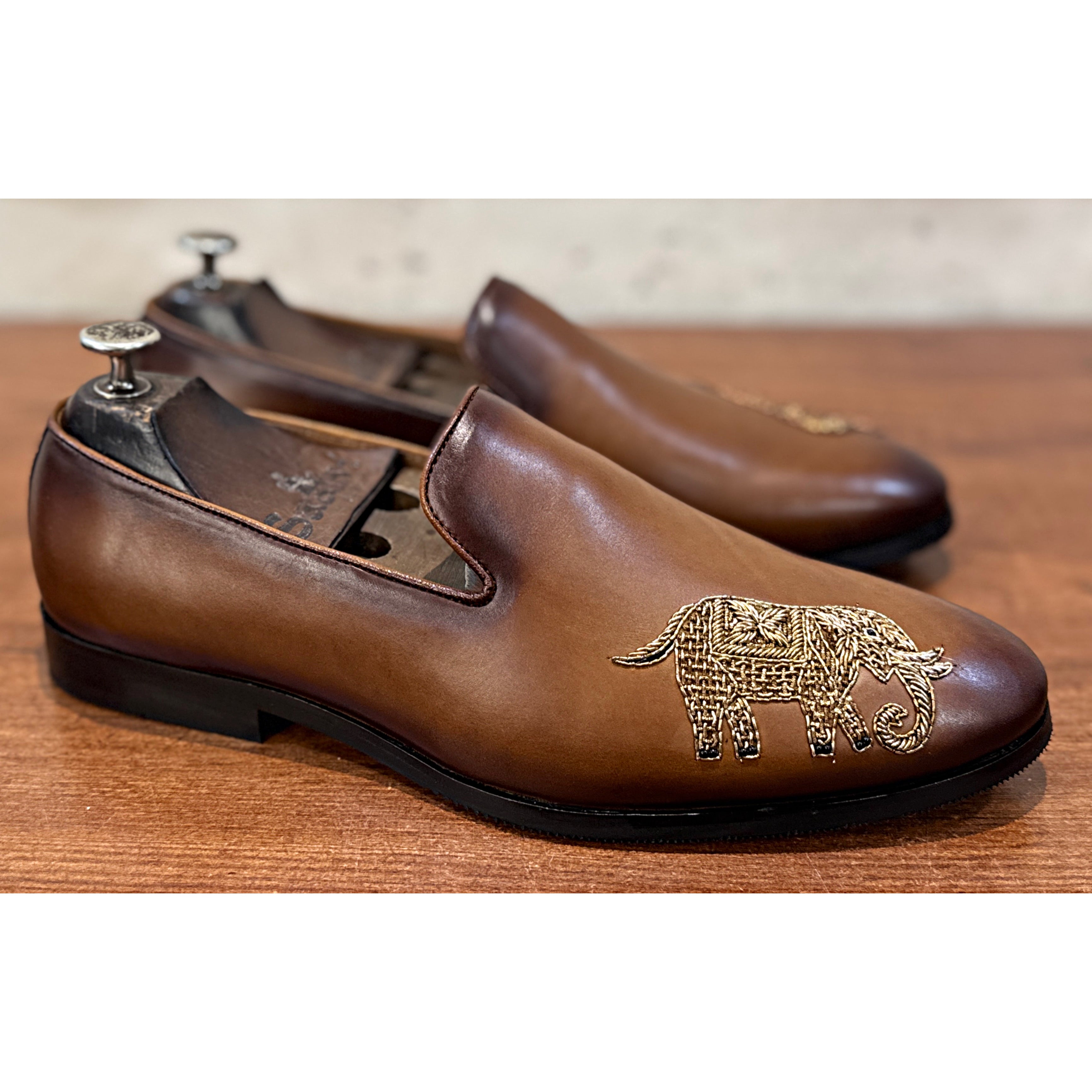 Royal Tusker Embroidered Leather Loafers