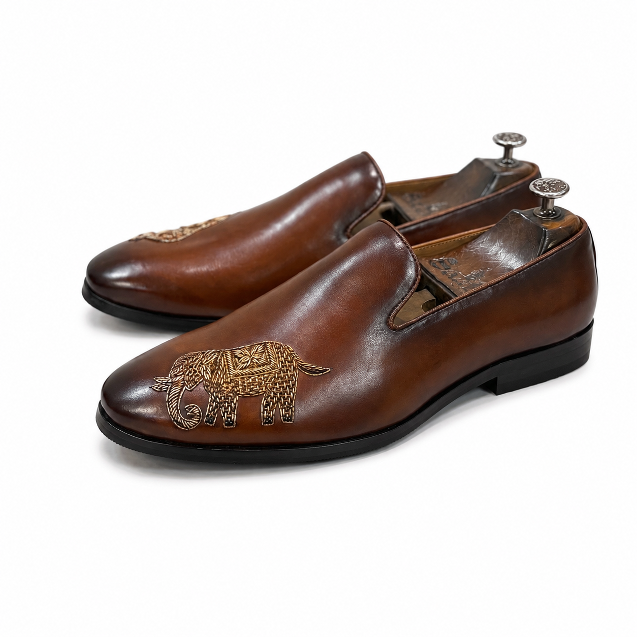 Brown Elephant Embroidered Leather Loafers