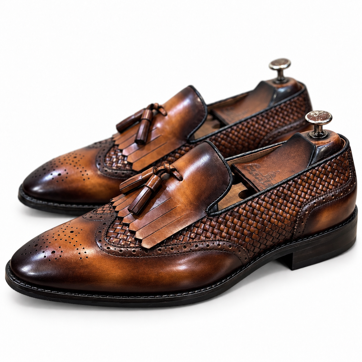 Aurelio Cognac Woven Wingtip Tassel Loafers
