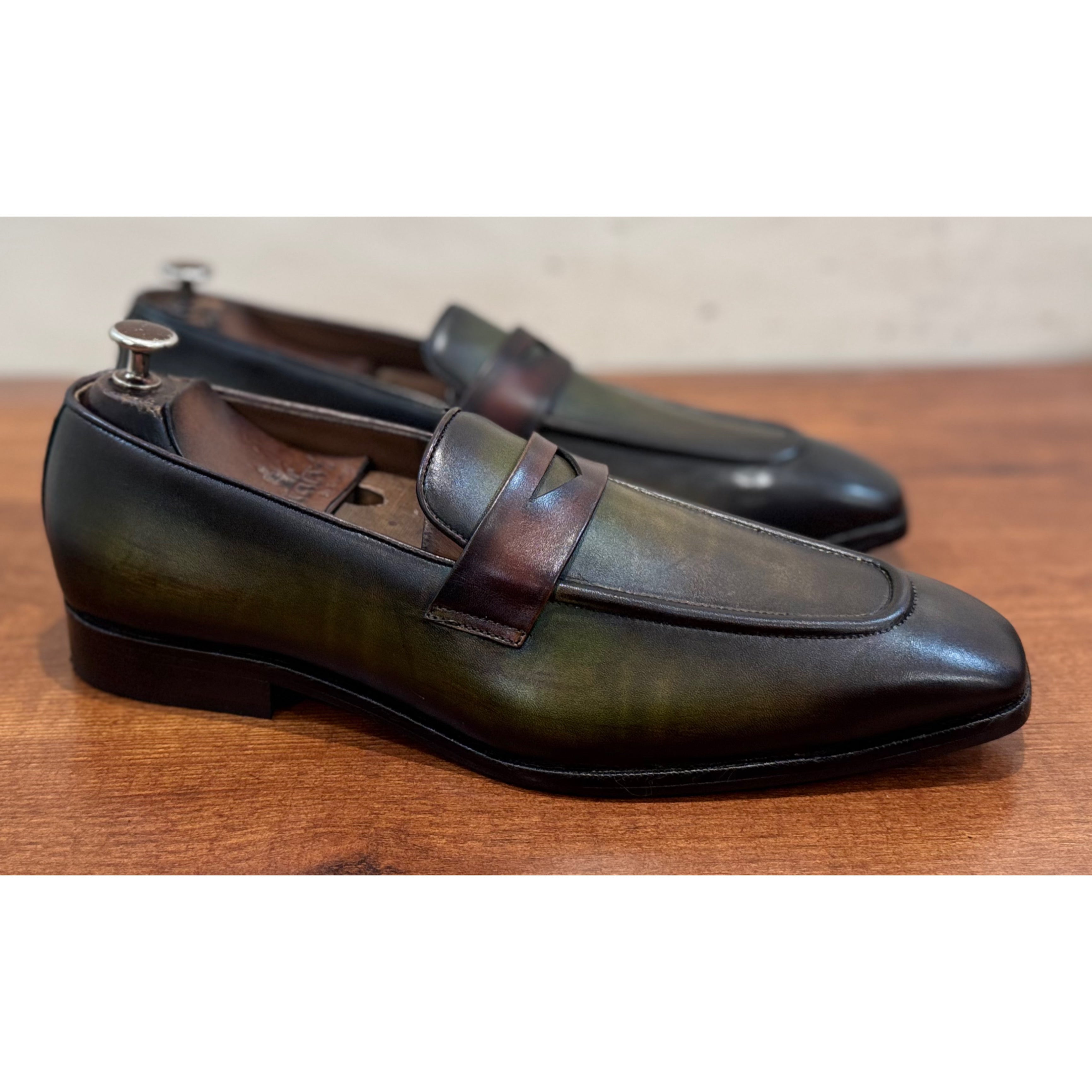 Green Hand Patina Penny Loafers