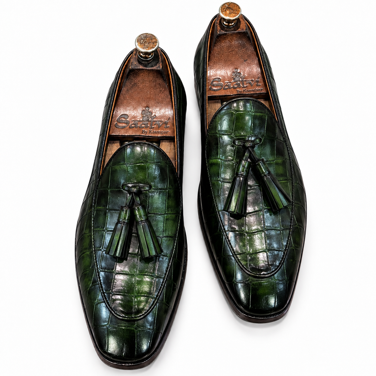 Verde Noir Croco Tassel Loafers