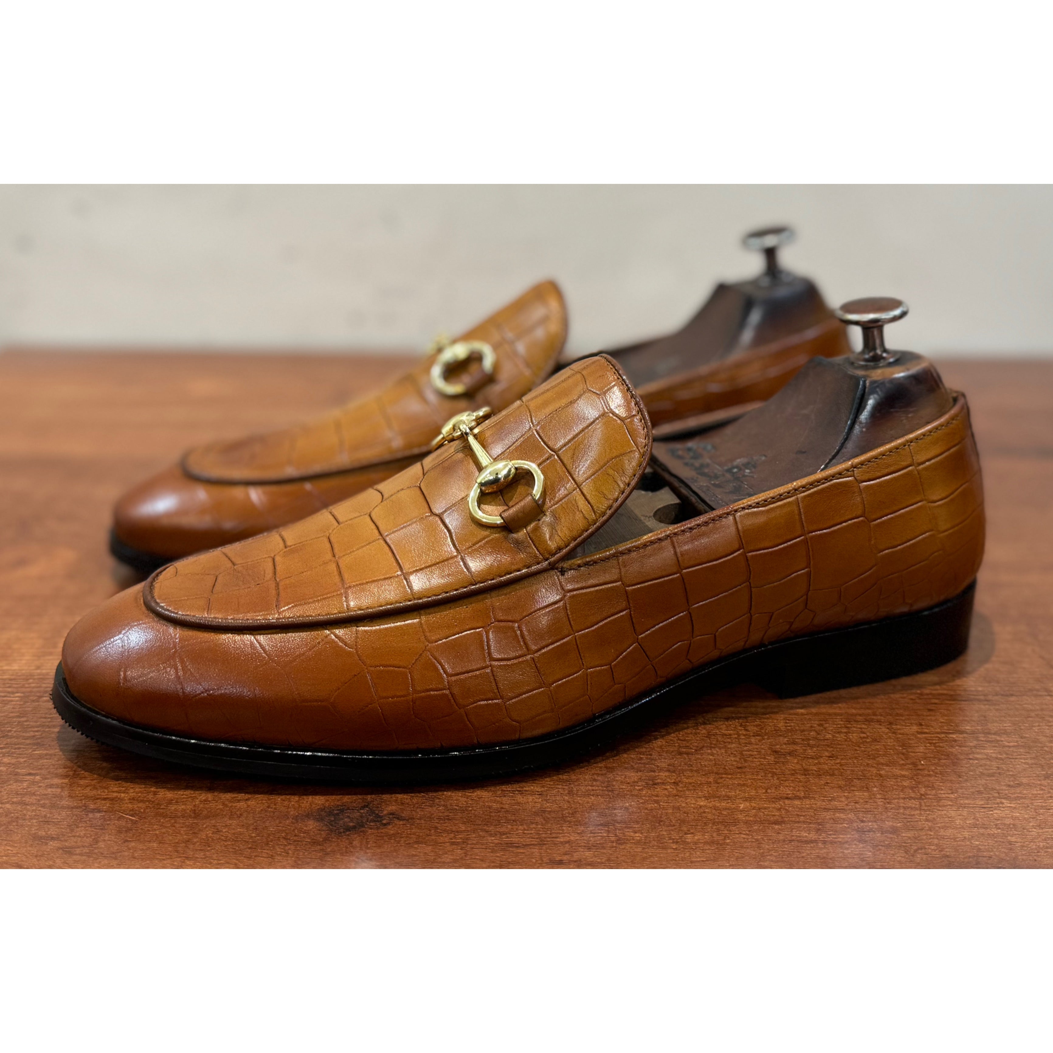 Tan Croco Horsebit Loafers