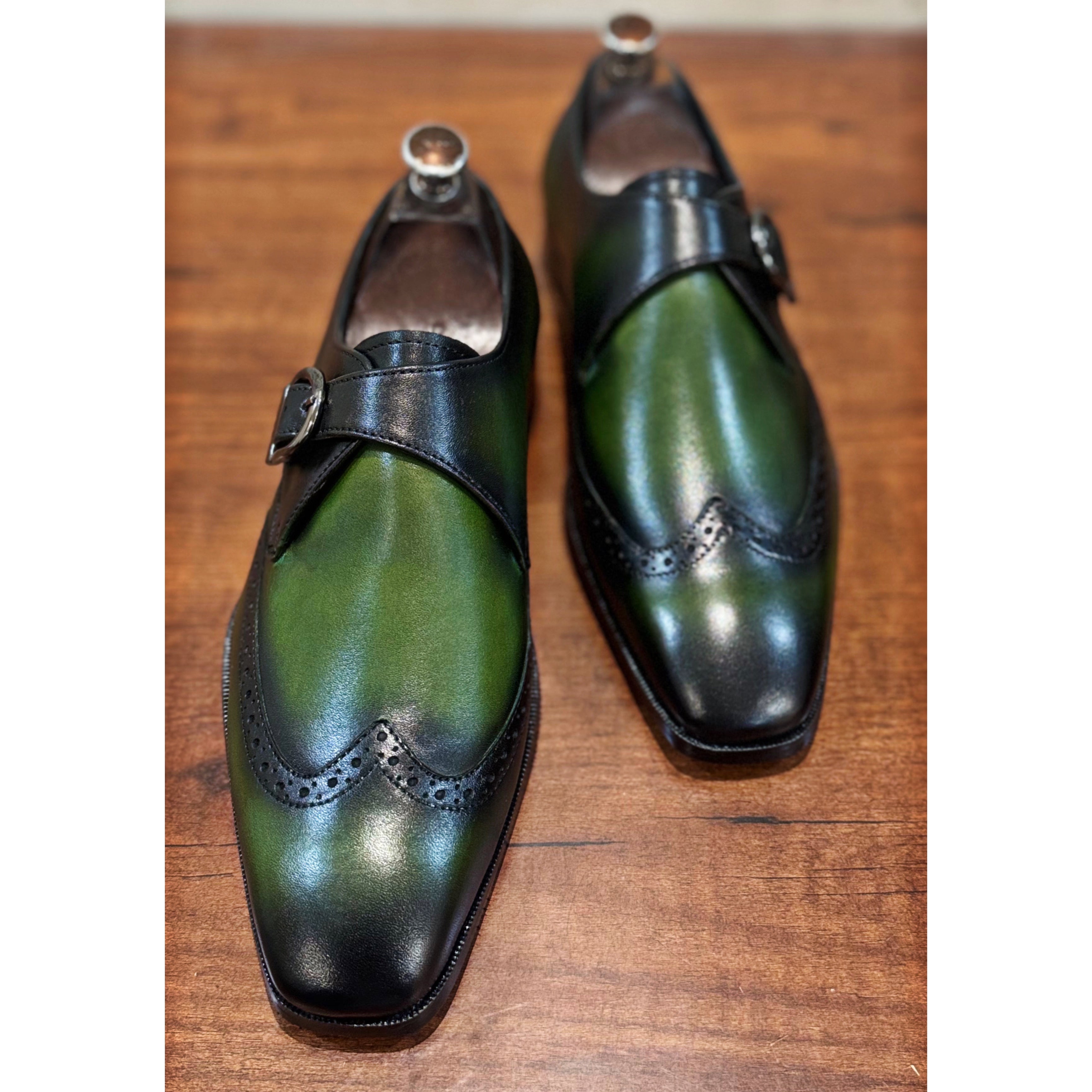 Green Single Monk Strap Hand Patina