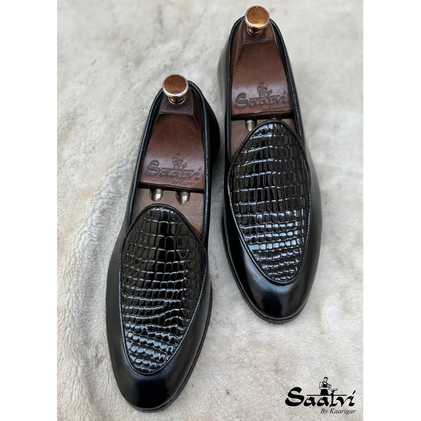 Midnight Croc Belgian Loafers – Luxury Black Embossed Slip-Ons