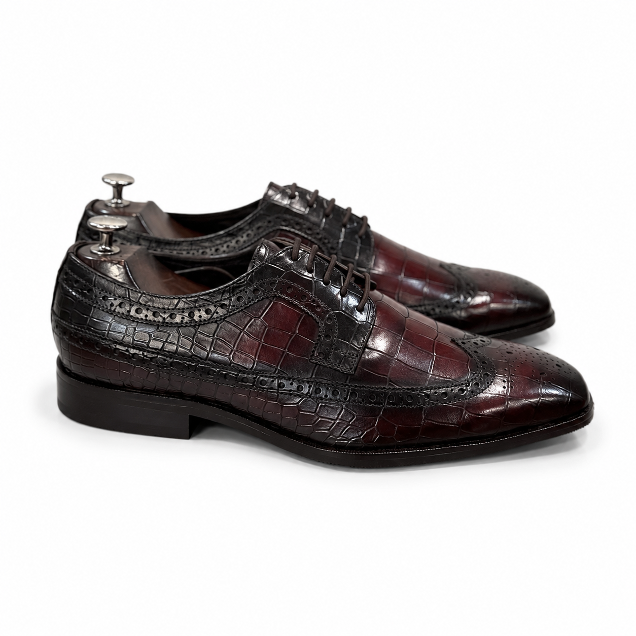 Royal Burgundy & Black Croc-Embossed Wingtip Brogue Shoes