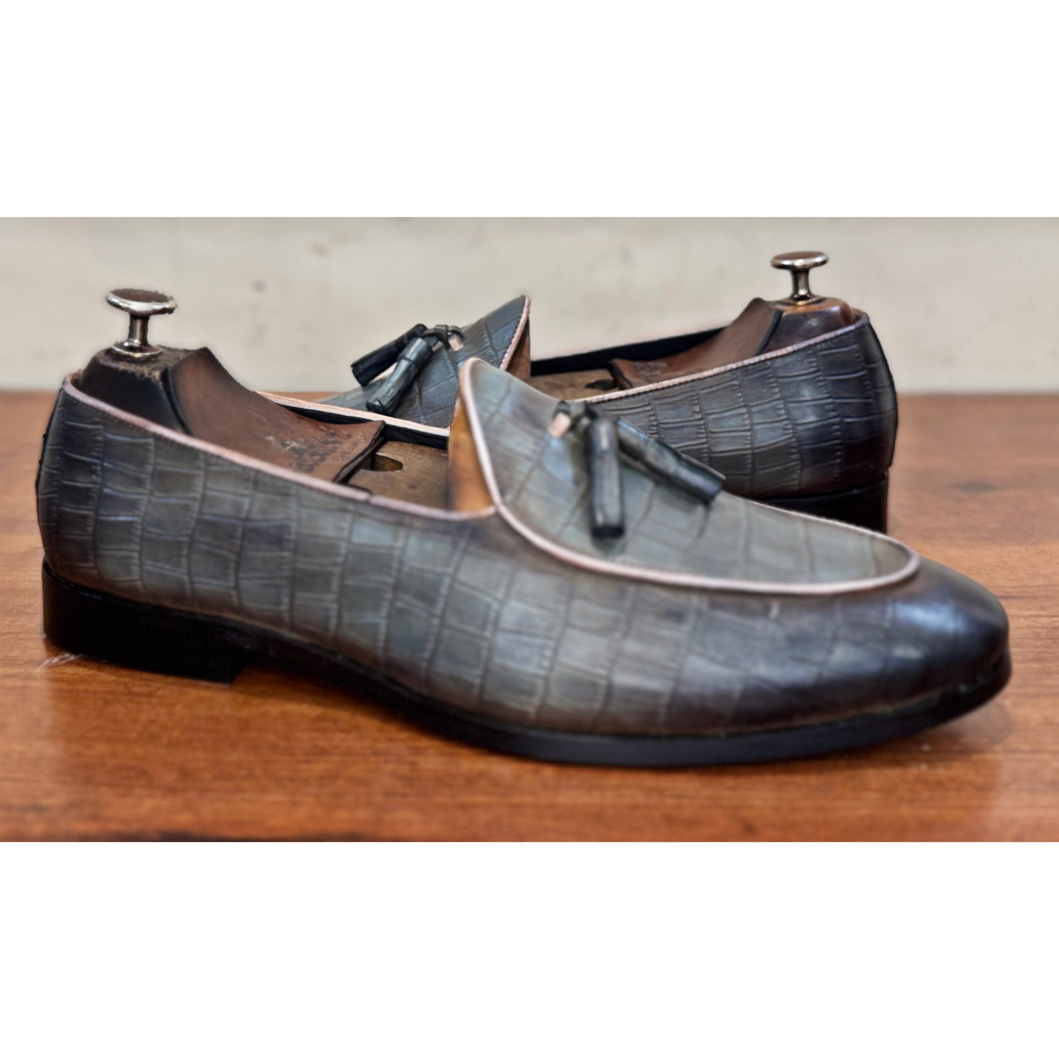 Belgian Loafers Grey Croco with Tassels