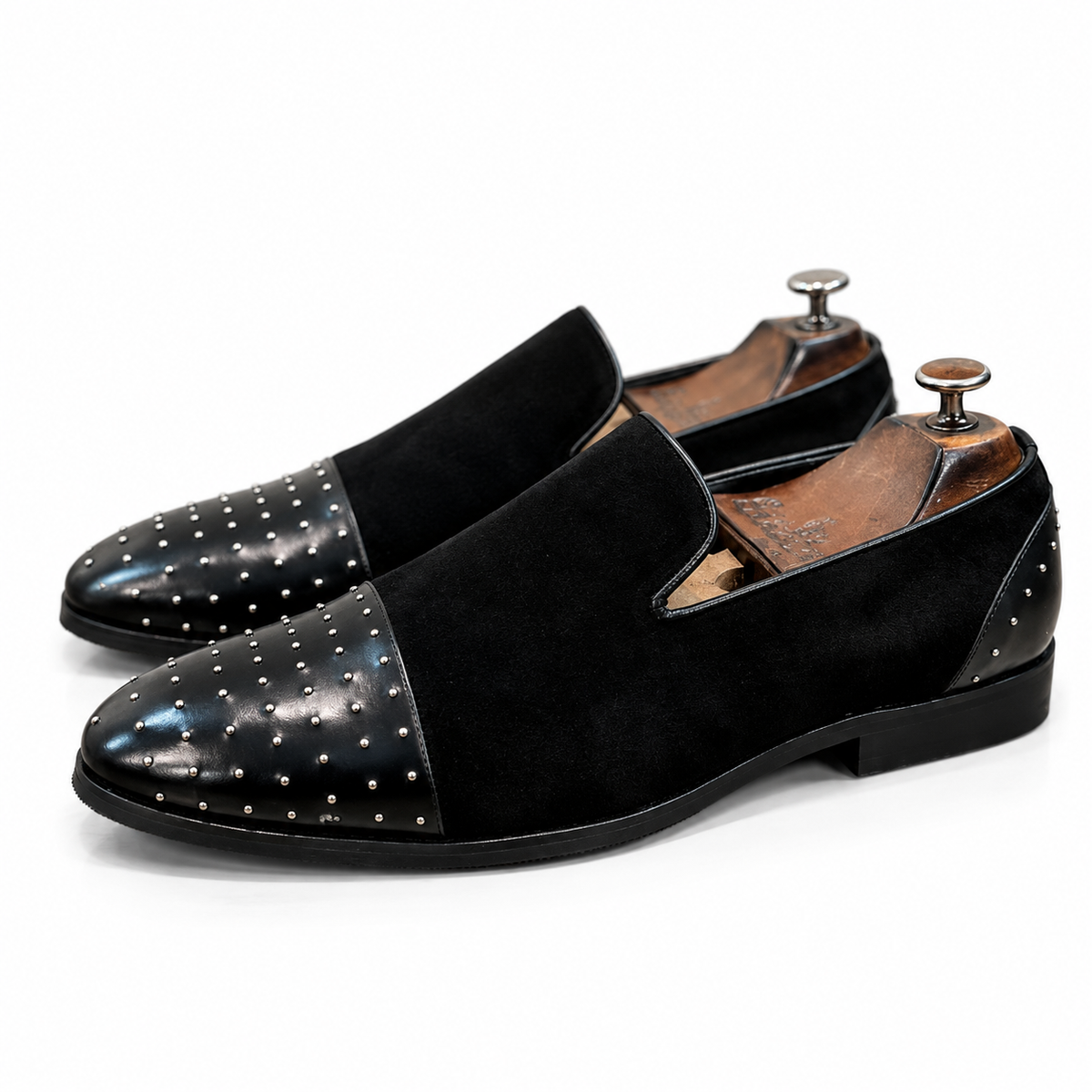 Saalvi Obsidian Noir Studded Suede Loafers