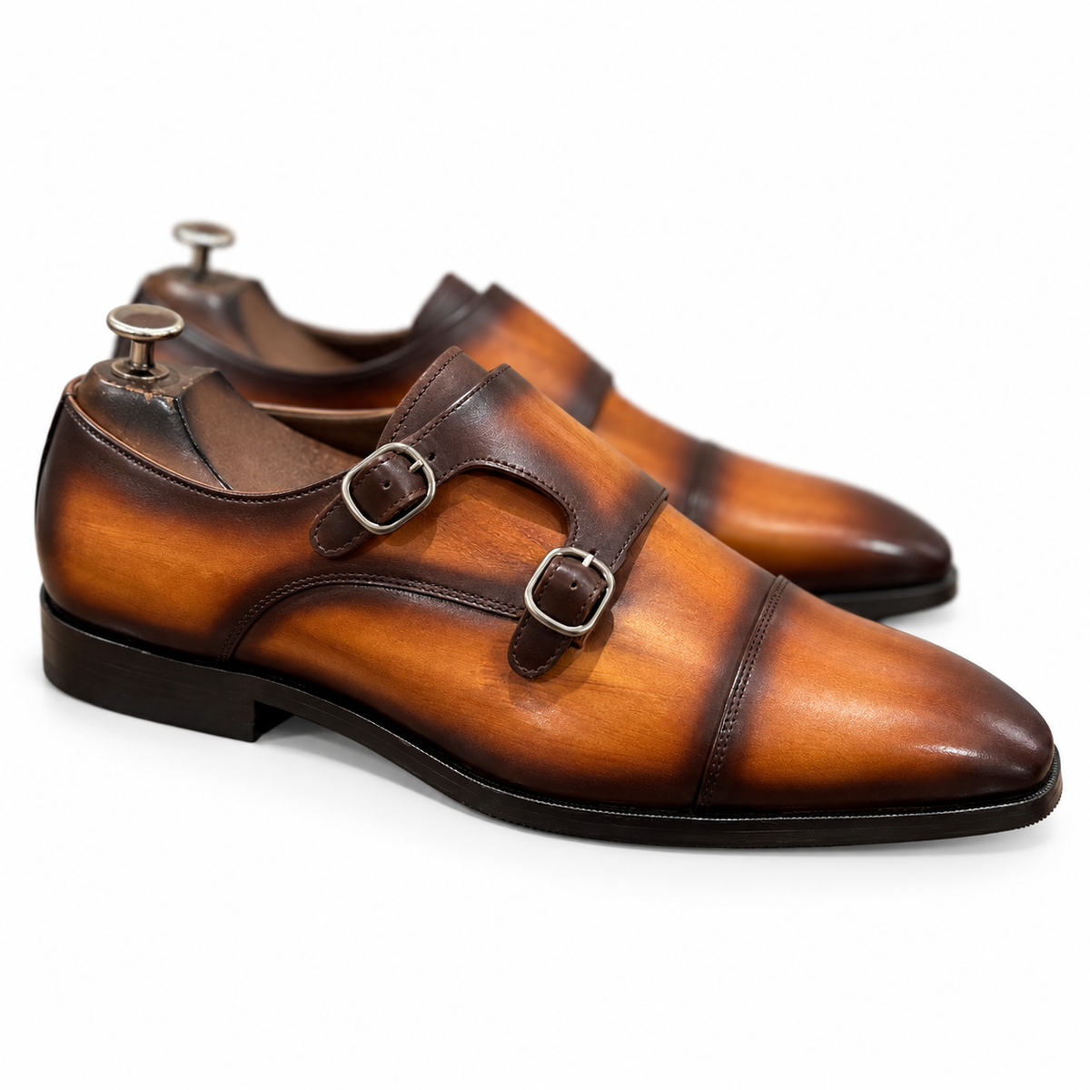 Tan Leather Double Monk Strap Hand Finished