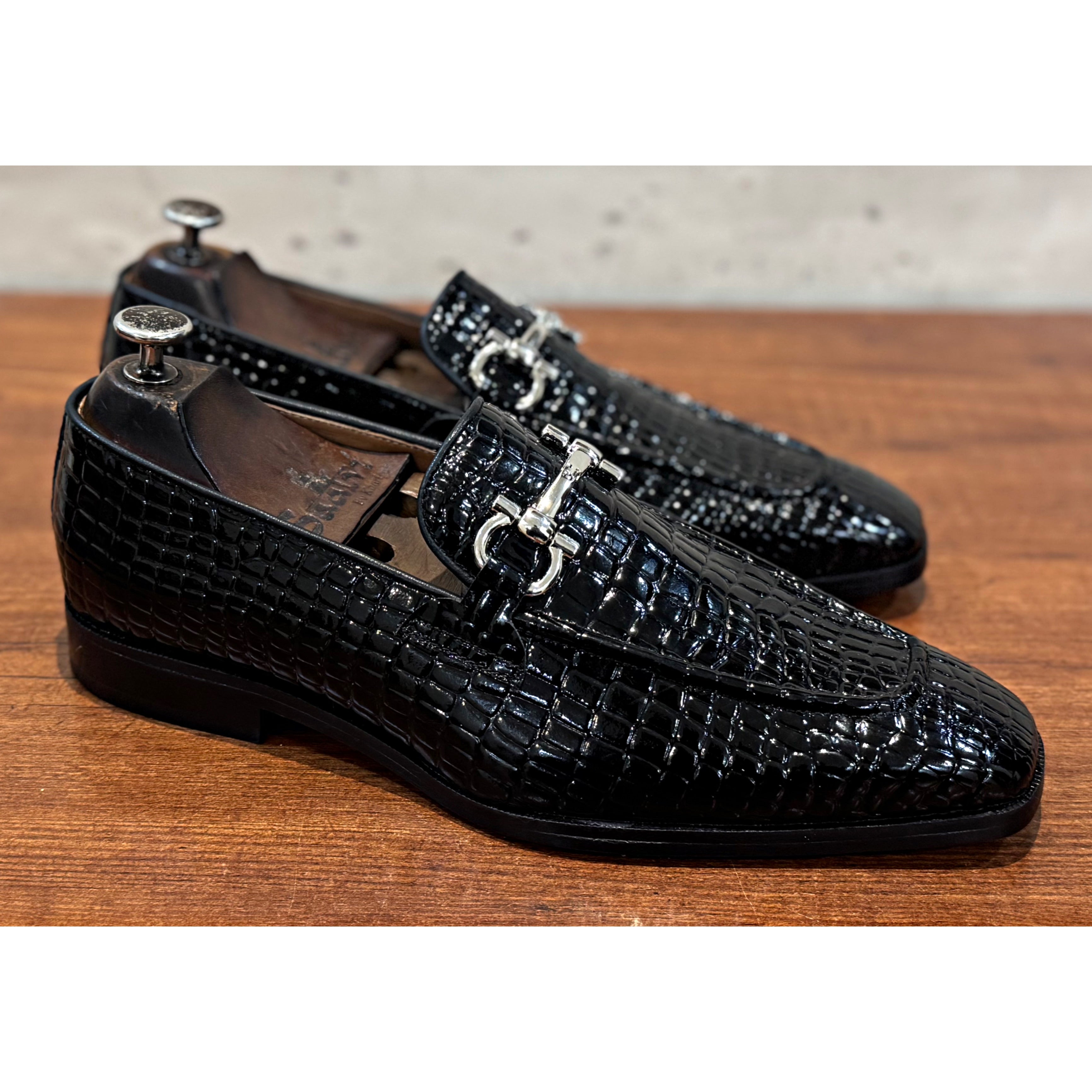 Black Croco Patent Silver Buckle