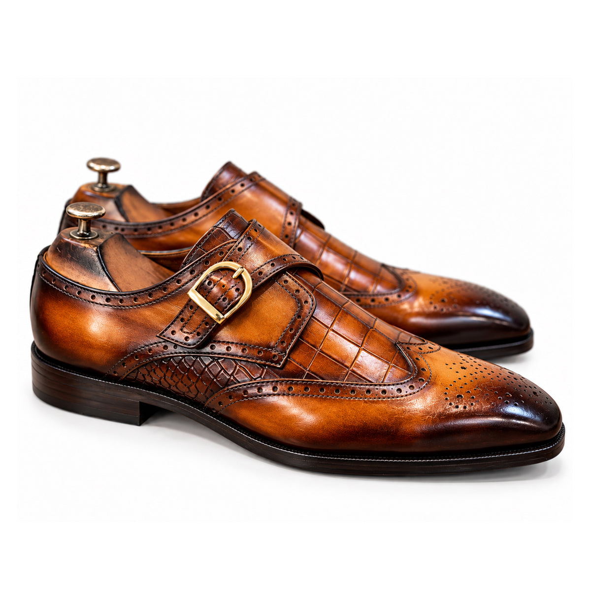 Aurelio Cognac Hand-Patina Single Monk Brogue Shoes