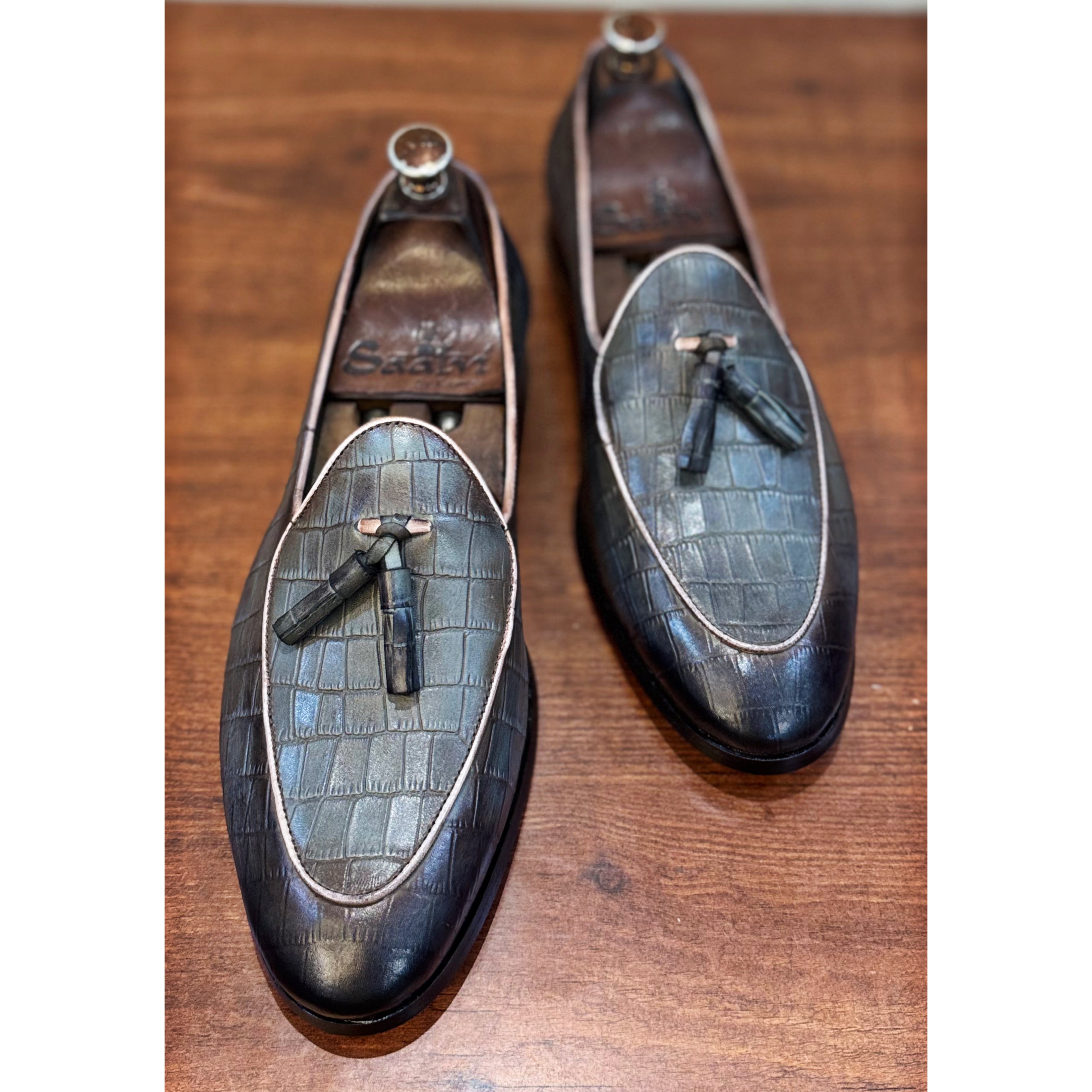 Belgian Loafers Grey Croco with Tassels