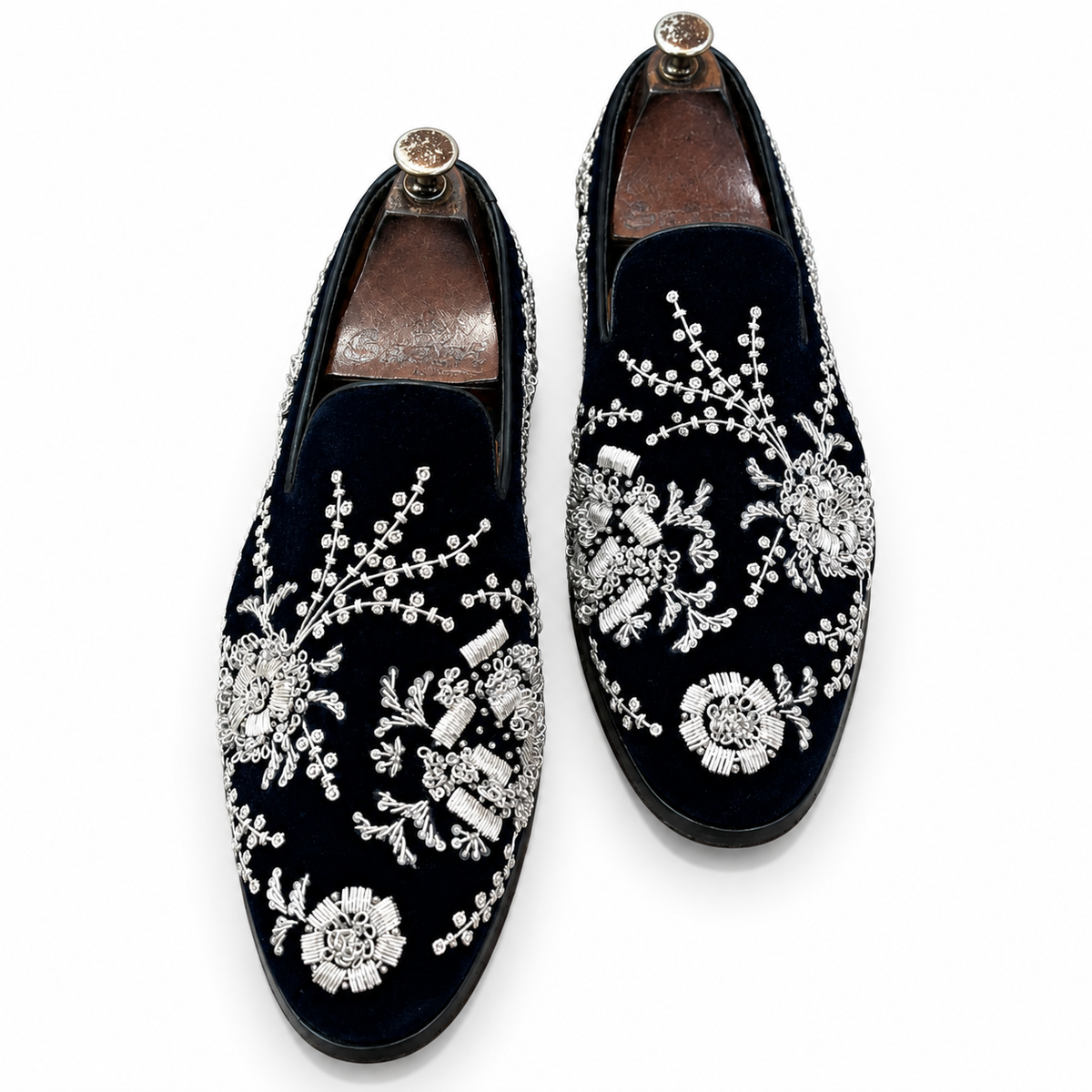 Noctivelle – Midnight Blue Velvet Loafers with Silver Zardozi Embroidery