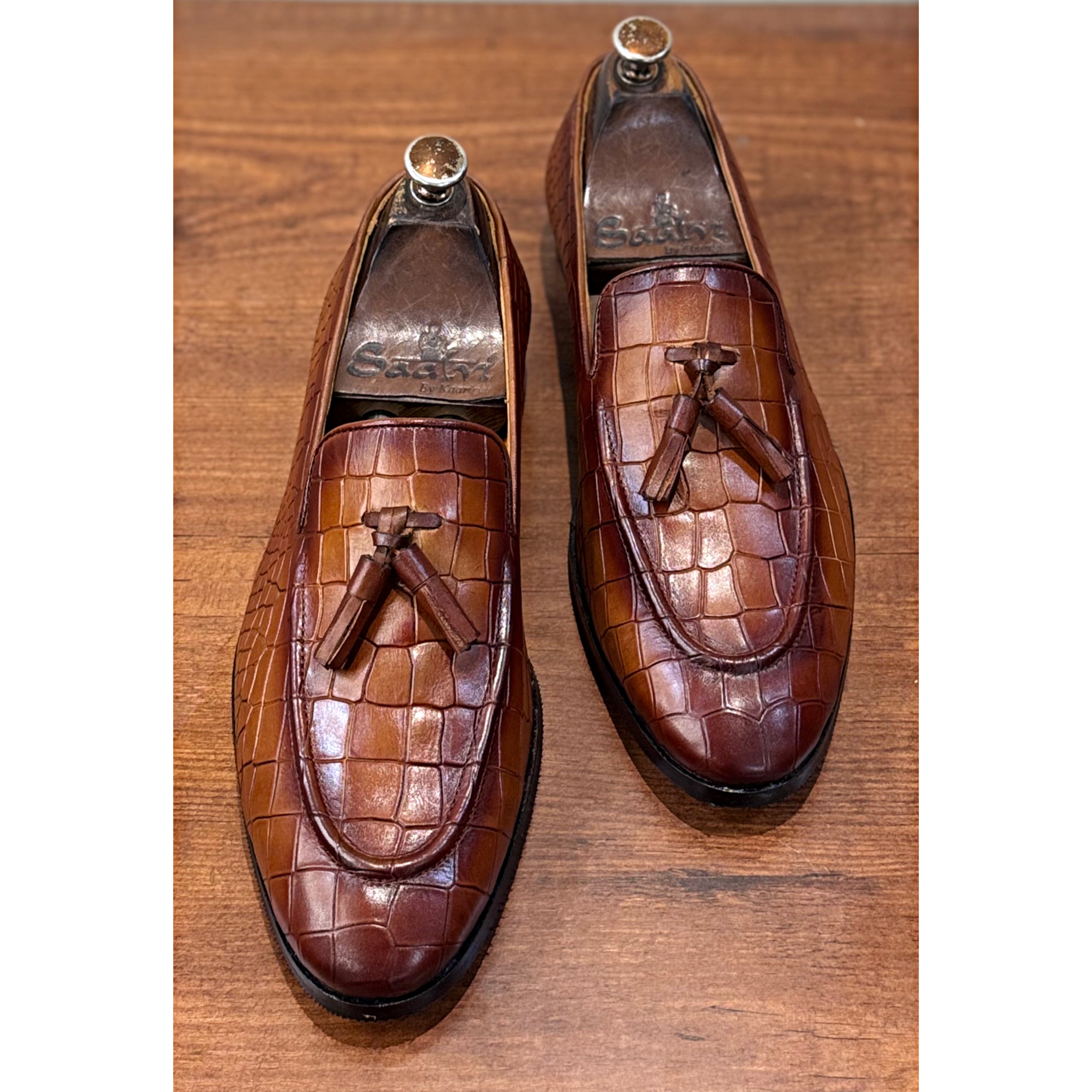 Tan Croco Loafers With Tassels