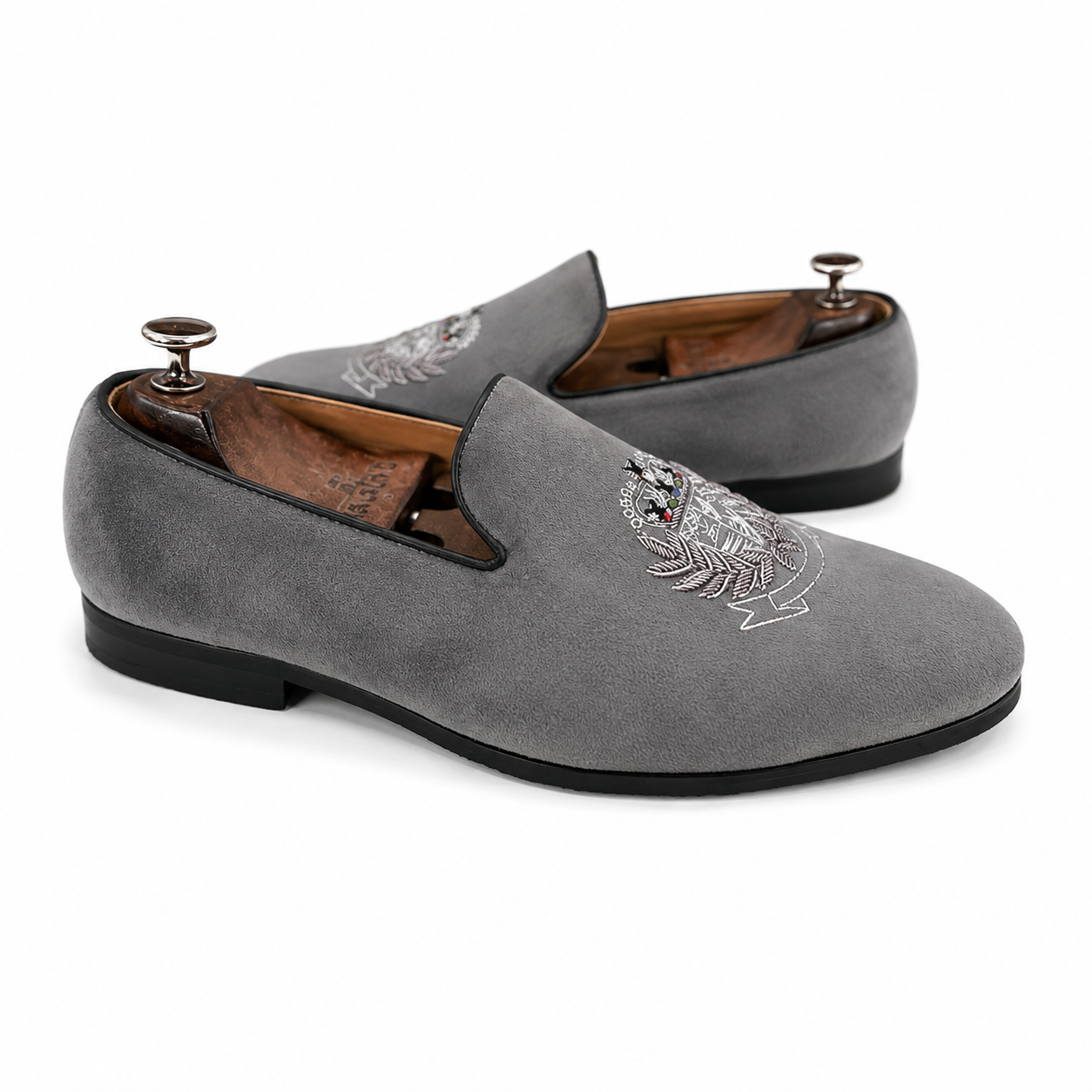 REGAL CREST GREY LEATHER EMBROIDERED LOAFERS