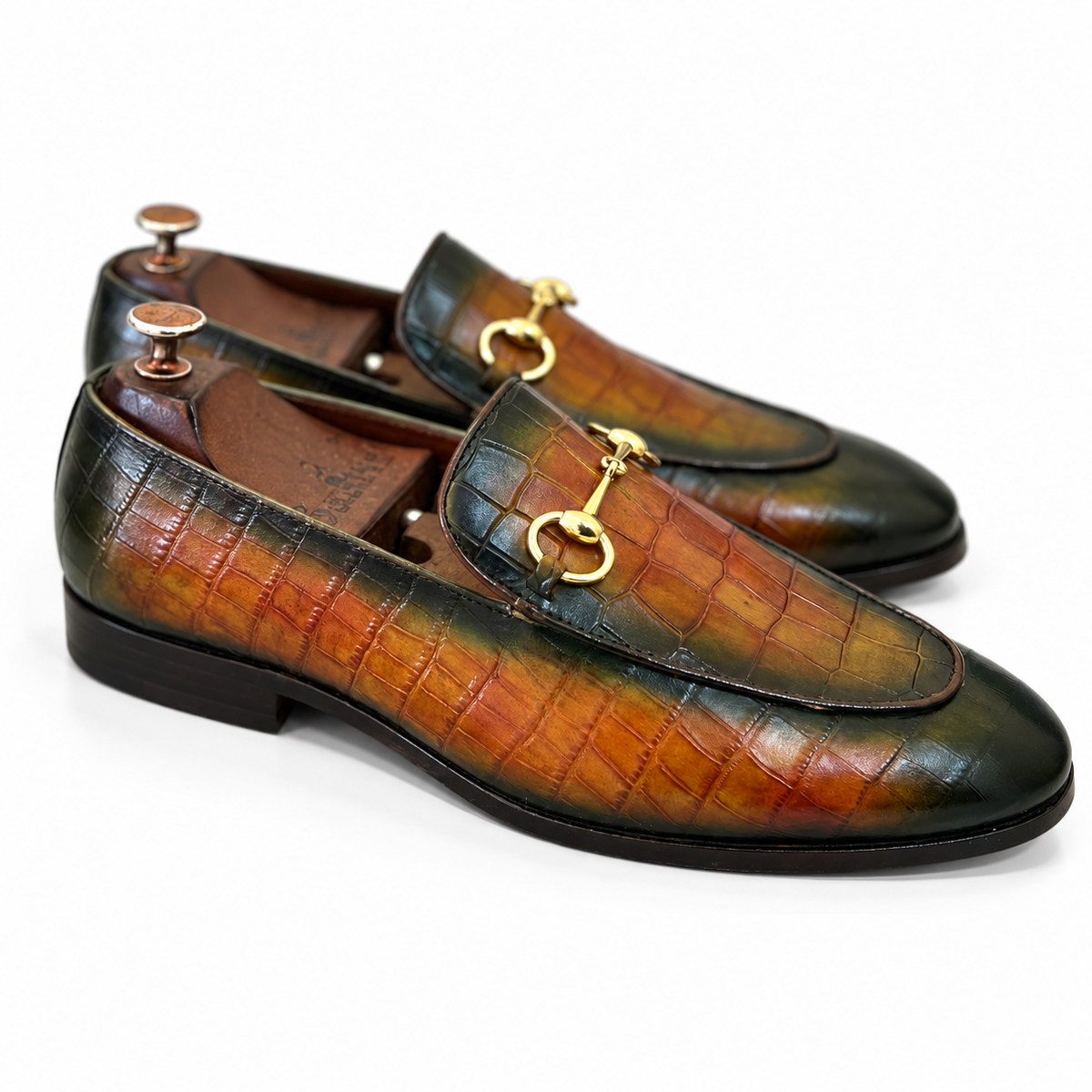 Regent Antique Green Croc Horsebit Loafers