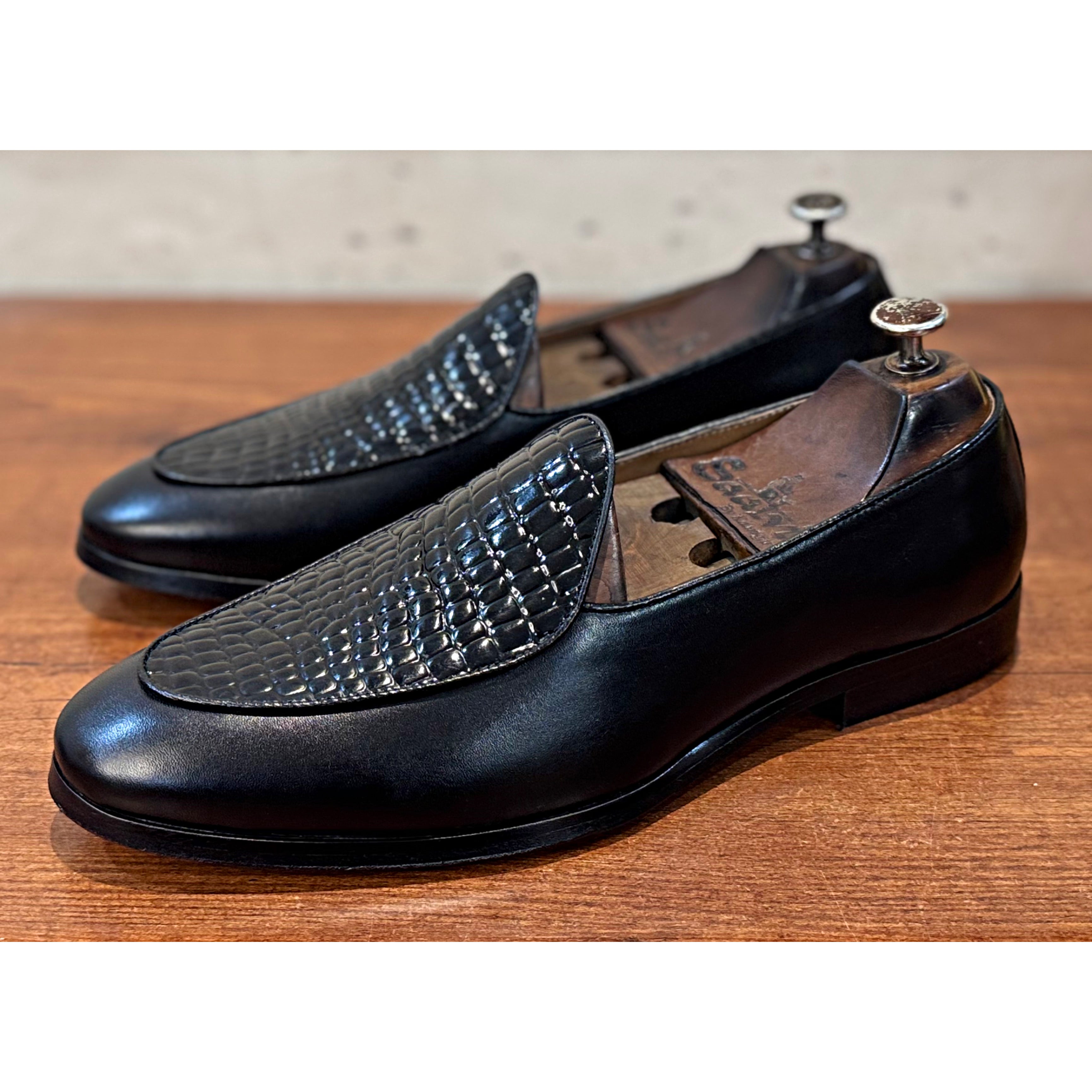 Midnight Croc Belgian Loafers – Luxury Black Embossed Slip-Ons