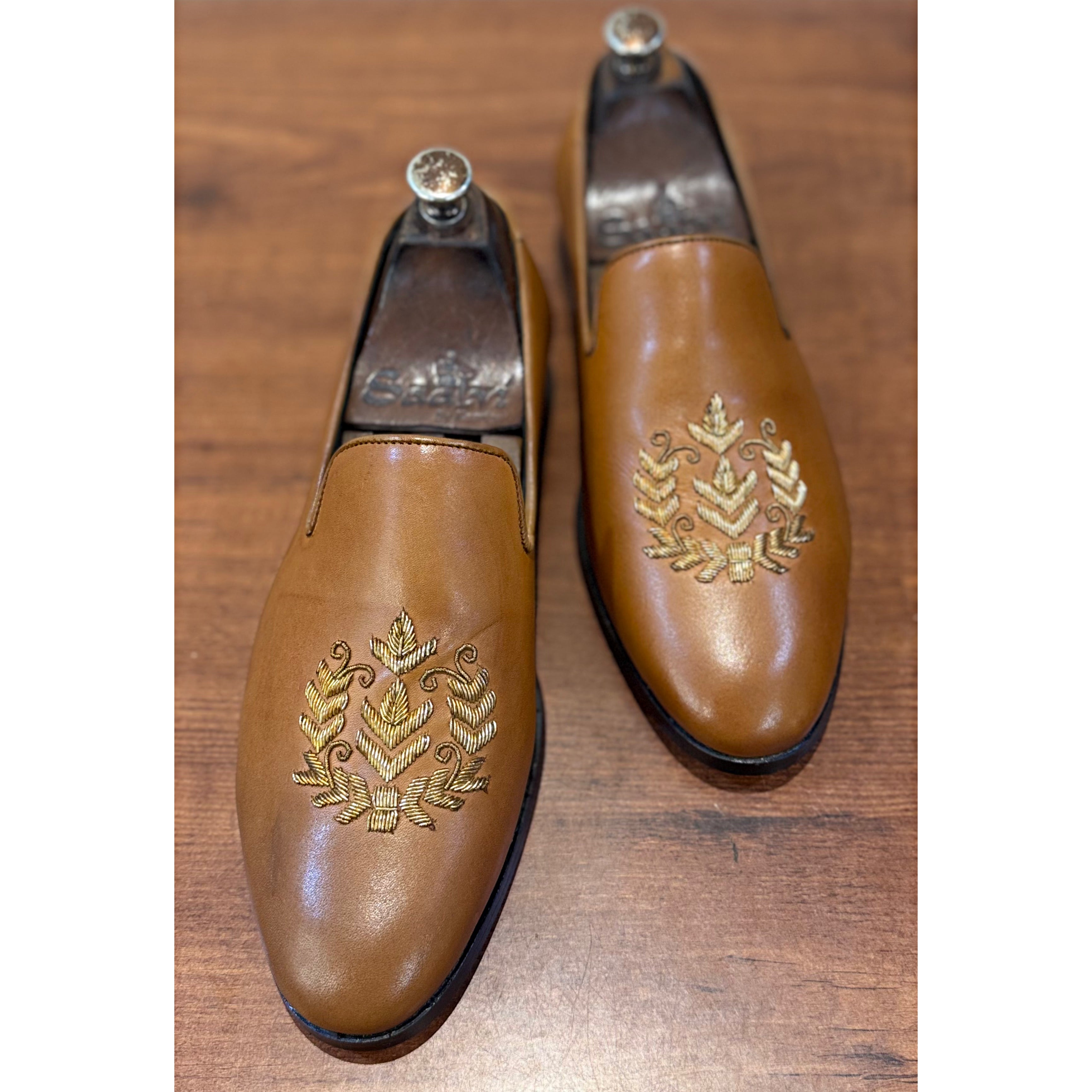 Tan Leaf Zardosi Slipons