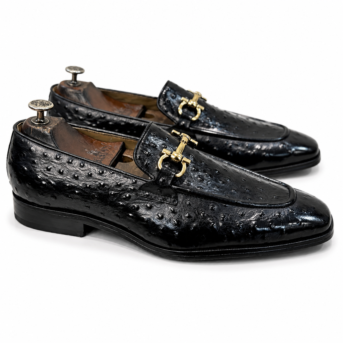 Men’s Black Ostrich-Embossed Leather Horsebit Loafers – Luxury Slip-On Formal Shoes