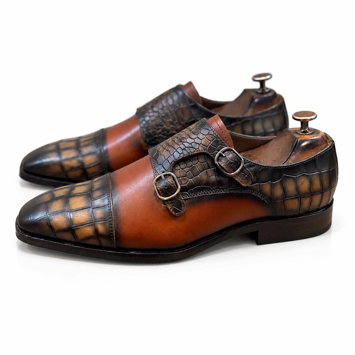 Vantoro – Cognac Brown & Charcoal Double Monk Strap