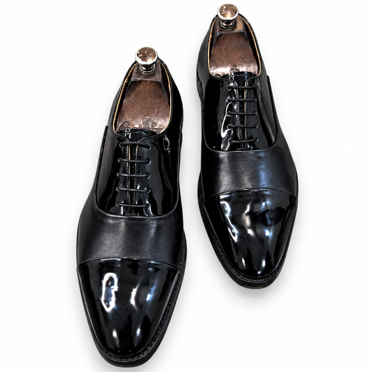 Noir Dual-Finish Patent Cap-Toe Oxfords