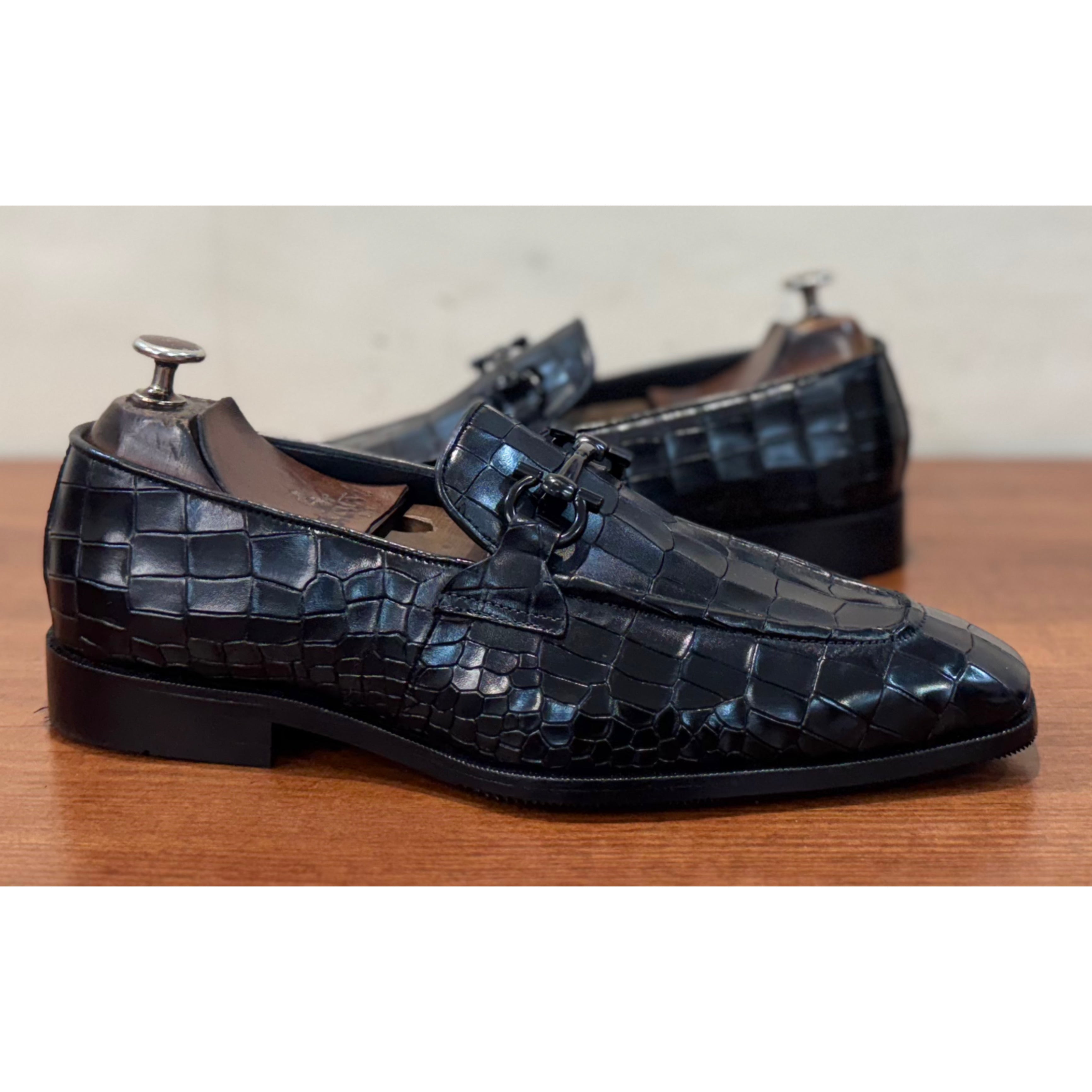 Black Crocodile Loafers With Black Metal Trim